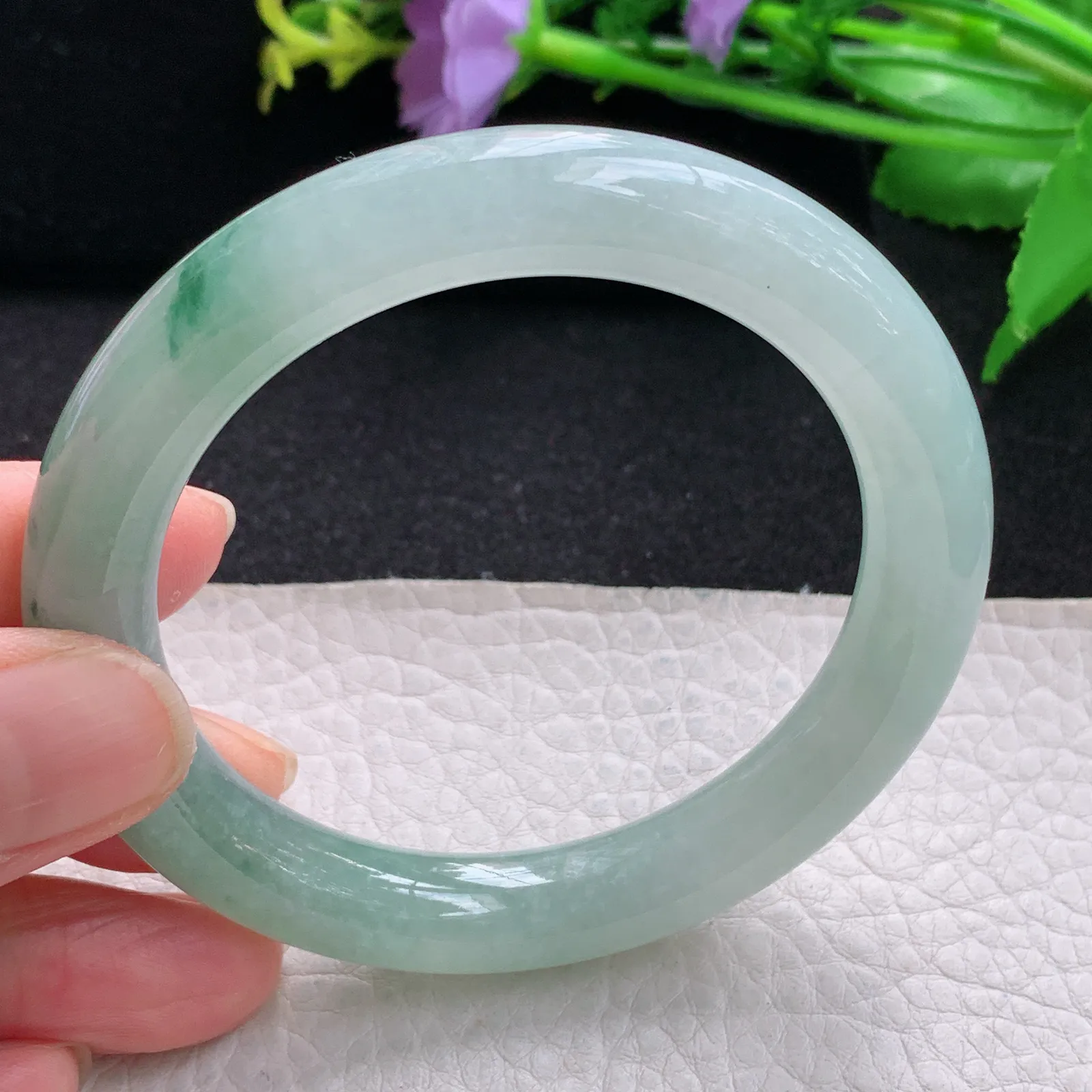 yh自然光54.5*10*9.6叮当镯 缅甸翡翠玉手镯冰飘花清秀圆条玉手环 美人镯