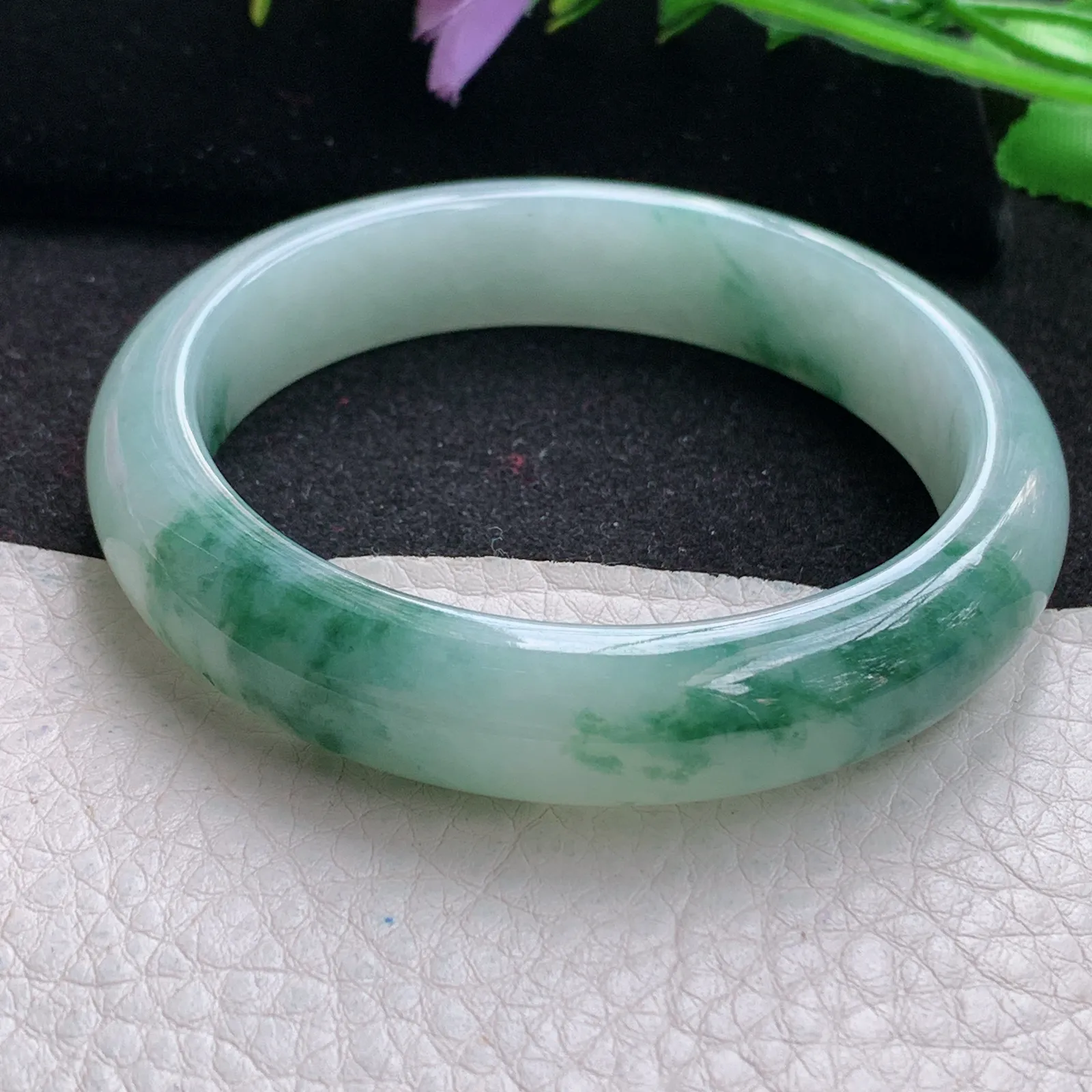 yh自然光56.5*12.6*8平安镯 缅甸翡翠玉手镯冰飘花宽边玉手环