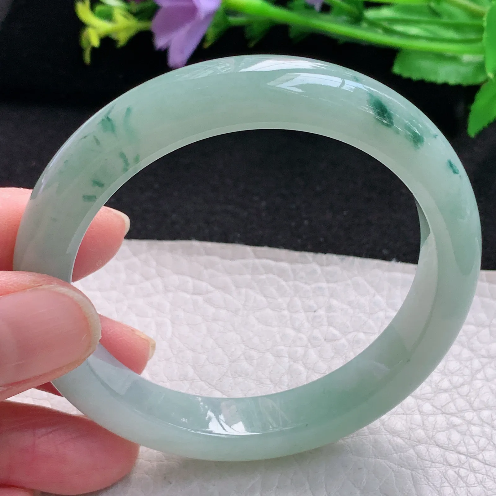 js自然光55.5*10.7*8平安镯 缅甸翡翠玉手镯冰飘花秀气宽边玉手环