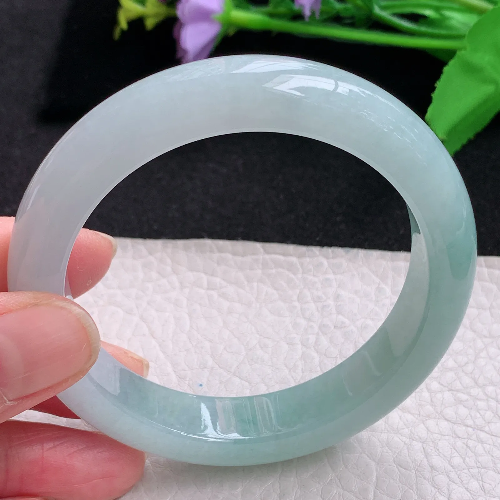 r自然光57*12.5*9平安镯 缅甸翡翠玉手镯冰蓝韵水灵宽边玉手环