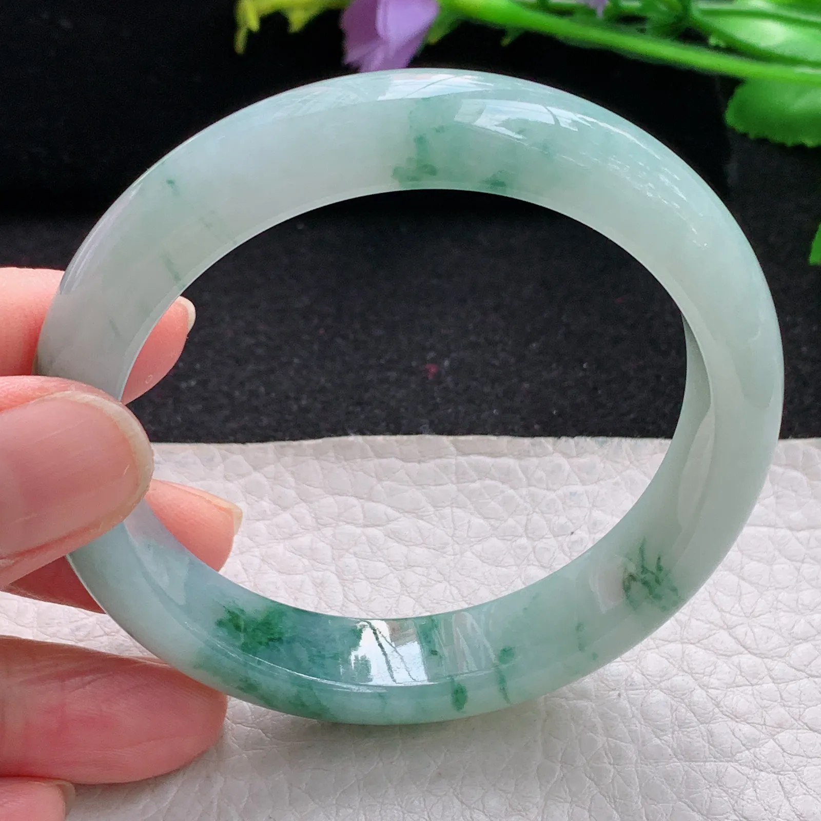 yh自然光56.5*12.6*8平安镯 缅甸翡翠玉手镯冰飘花宽边玉手环