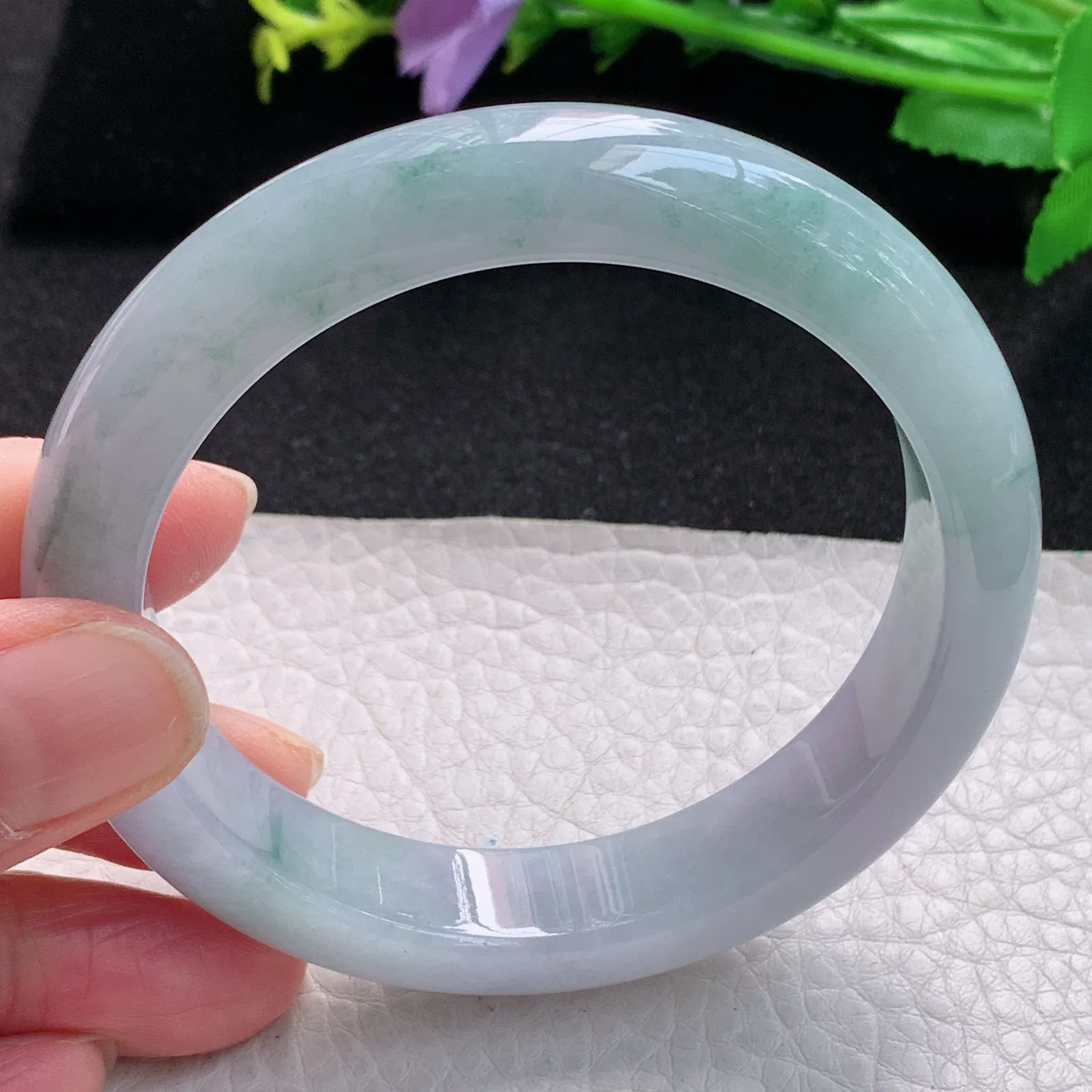 fl自然光59mm平安镯 缅甸翡翠玉手镯水灵飘花高雅宽边玉手环