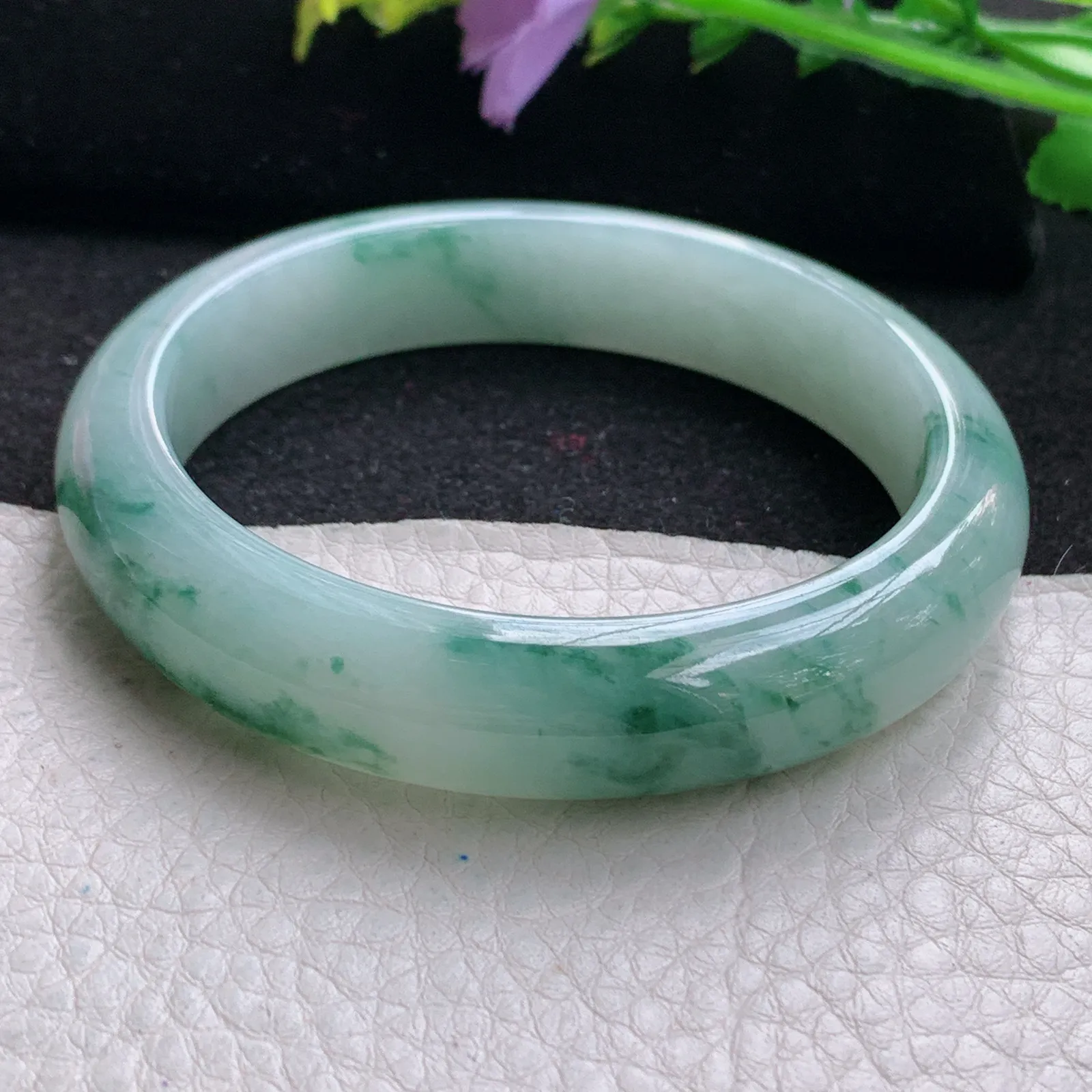 yh自然光56.5*12.6*8平安镯 缅甸翡翠玉手镯冰飘花宽边玉手环