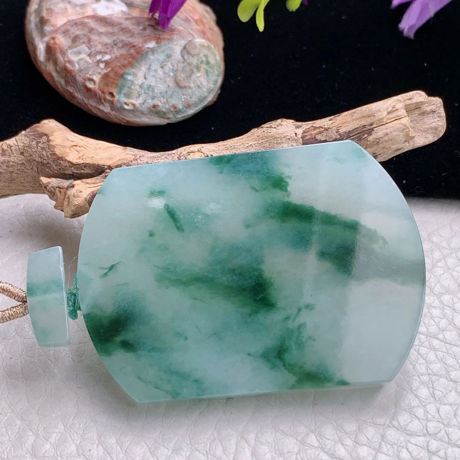 zzx自然光55.5*40*5.8天然缅甸翡翠冰飘花平安无事牌玉吊坠 玉挂件