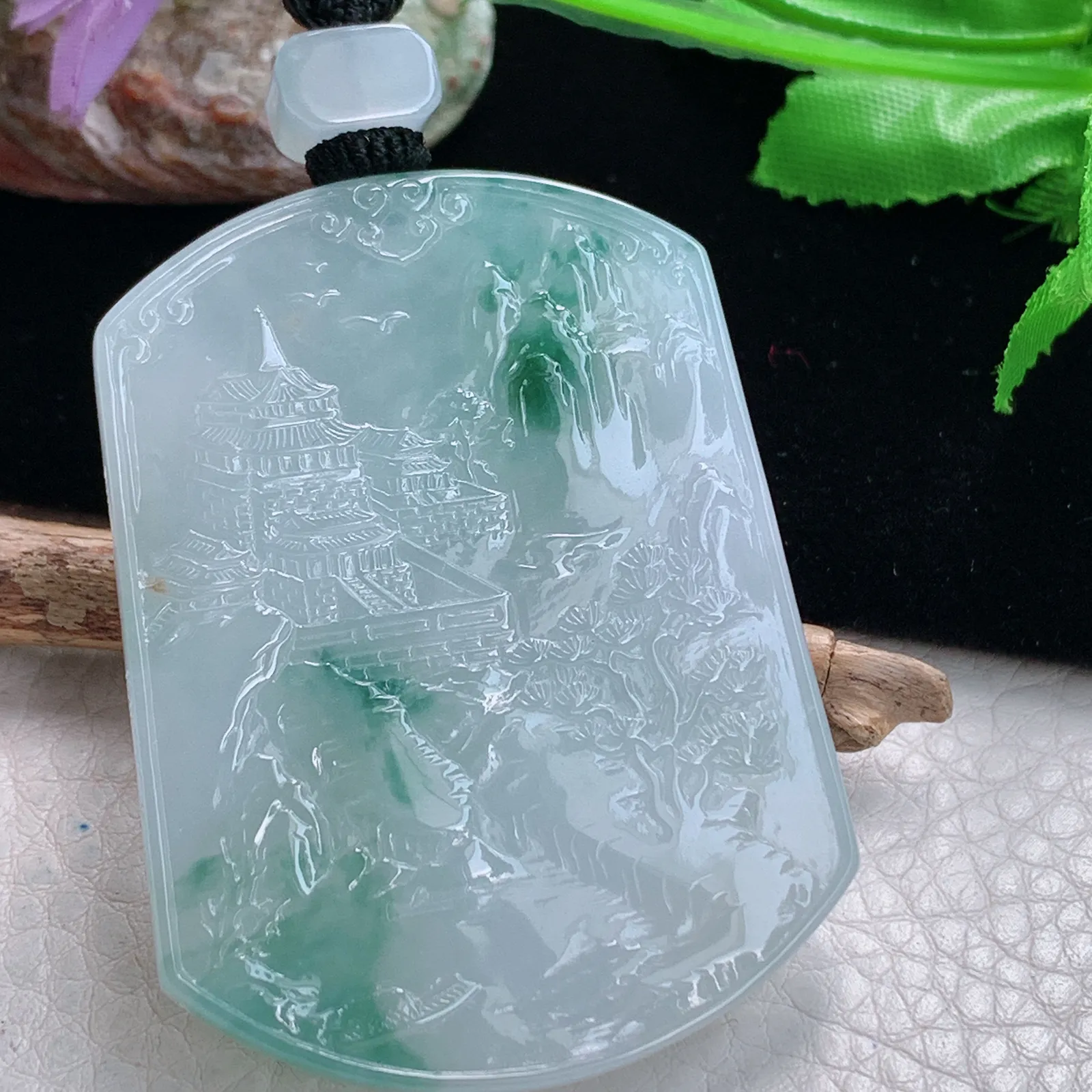 mut自然光55.8*41.5*6天然缅甸翡翠冰飘花浅雕山水牌玉吊坠 玉挂件