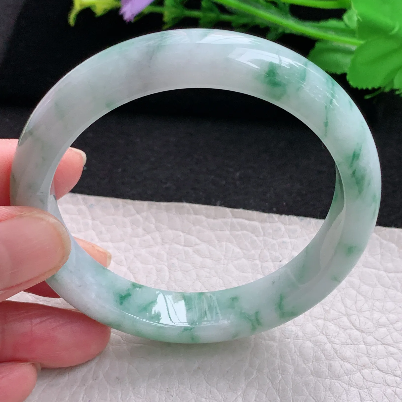 xc自然光58*12.5*8.2平安镯 缅甸翡翠玉手镯飘绿花大气宽边玉手环