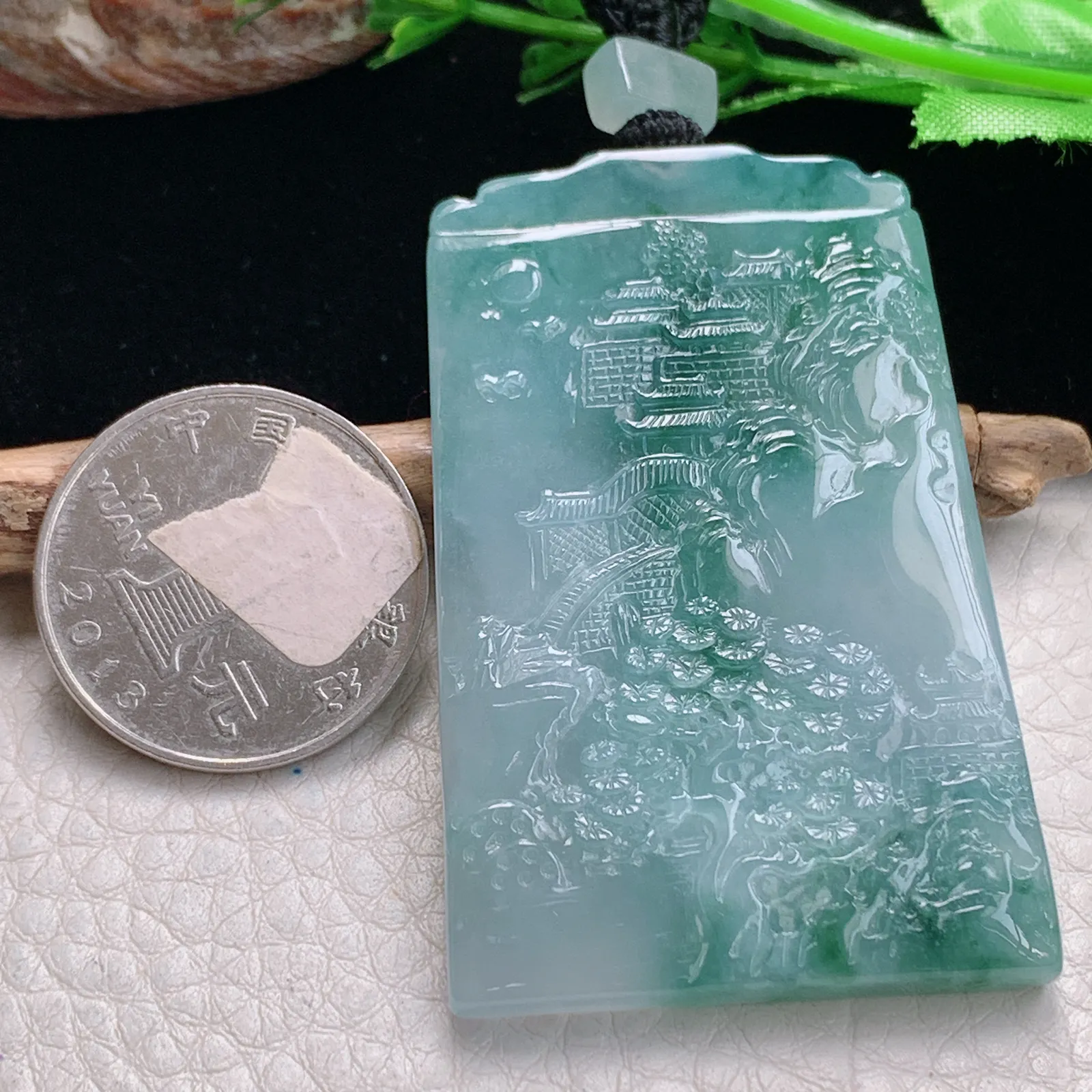 mut自然光58*35.8*5.3天然缅甸翡翠冰飘花山水 大好河山玉吊坠 玉挂件