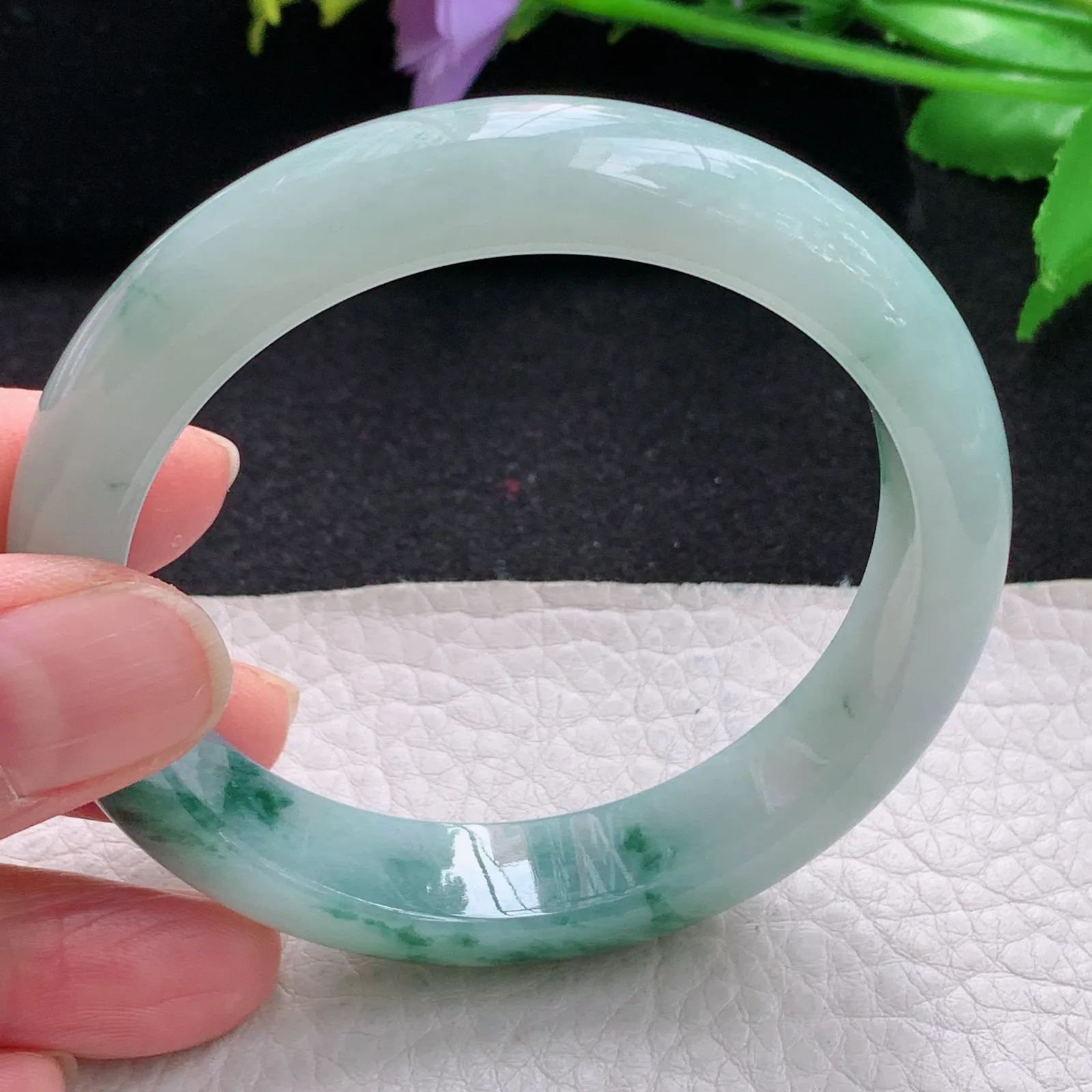 yh自然光56.5*12.6*8平安镯 缅甸翡翠玉手镯冰飘花宽边玉手环