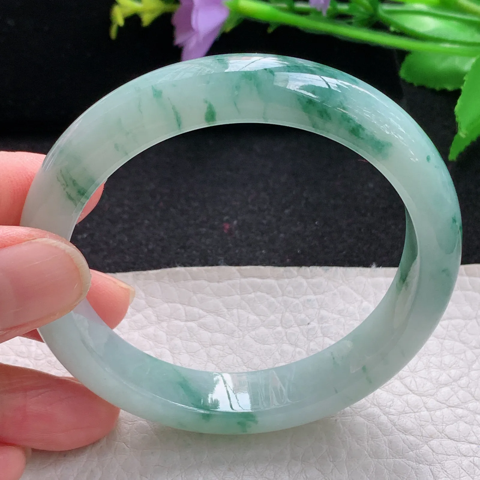yh自然光56.5*12.6*8平安镯 缅甸翡翠玉手镯冰飘花宽边玉手环
