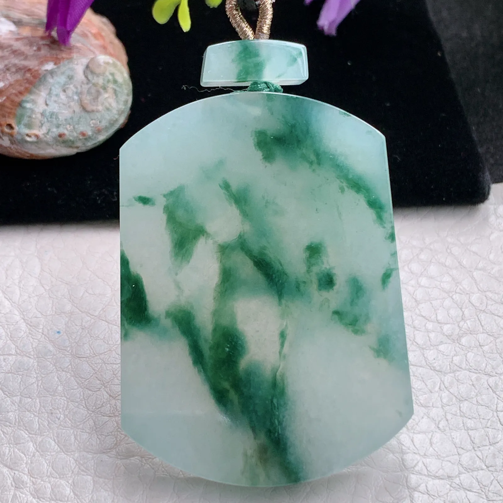 zzx自然光55.5*40*5.8天然缅甸翡翠冰飘花平安无事牌玉吊坠 玉挂件