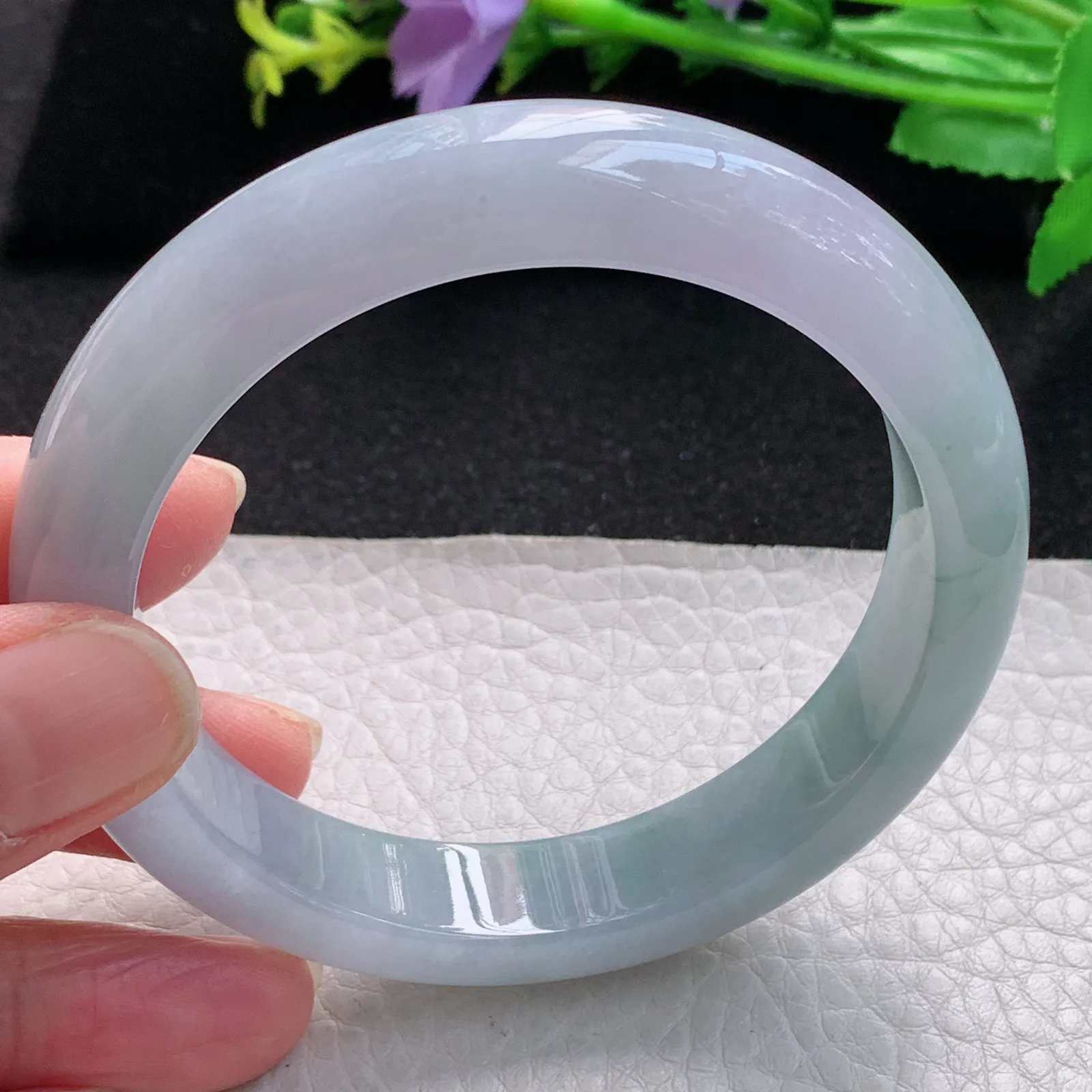 fl自然光59mm平安镯 缅甸翡翠玉手镯水灵飘花高雅宽边玉手环