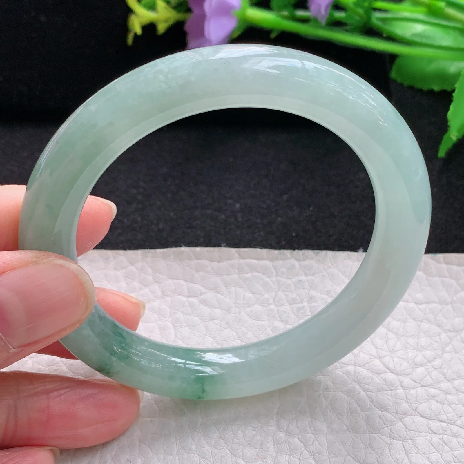 yh自然光54.5*10*9.6叮当镯 缅甸翡翠玉手镯冰飘花清秀圆条玉手环 美人镯