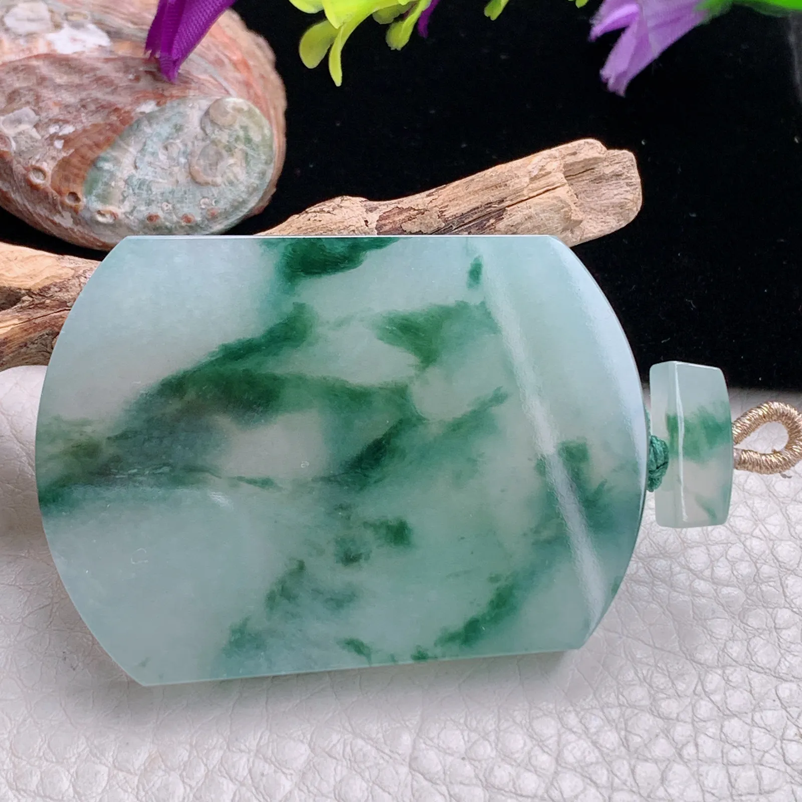 zzx自然光55.5*40*5.8天然缅甸翡翠冰飘花平安无事牌玉吊坠 玉挂件