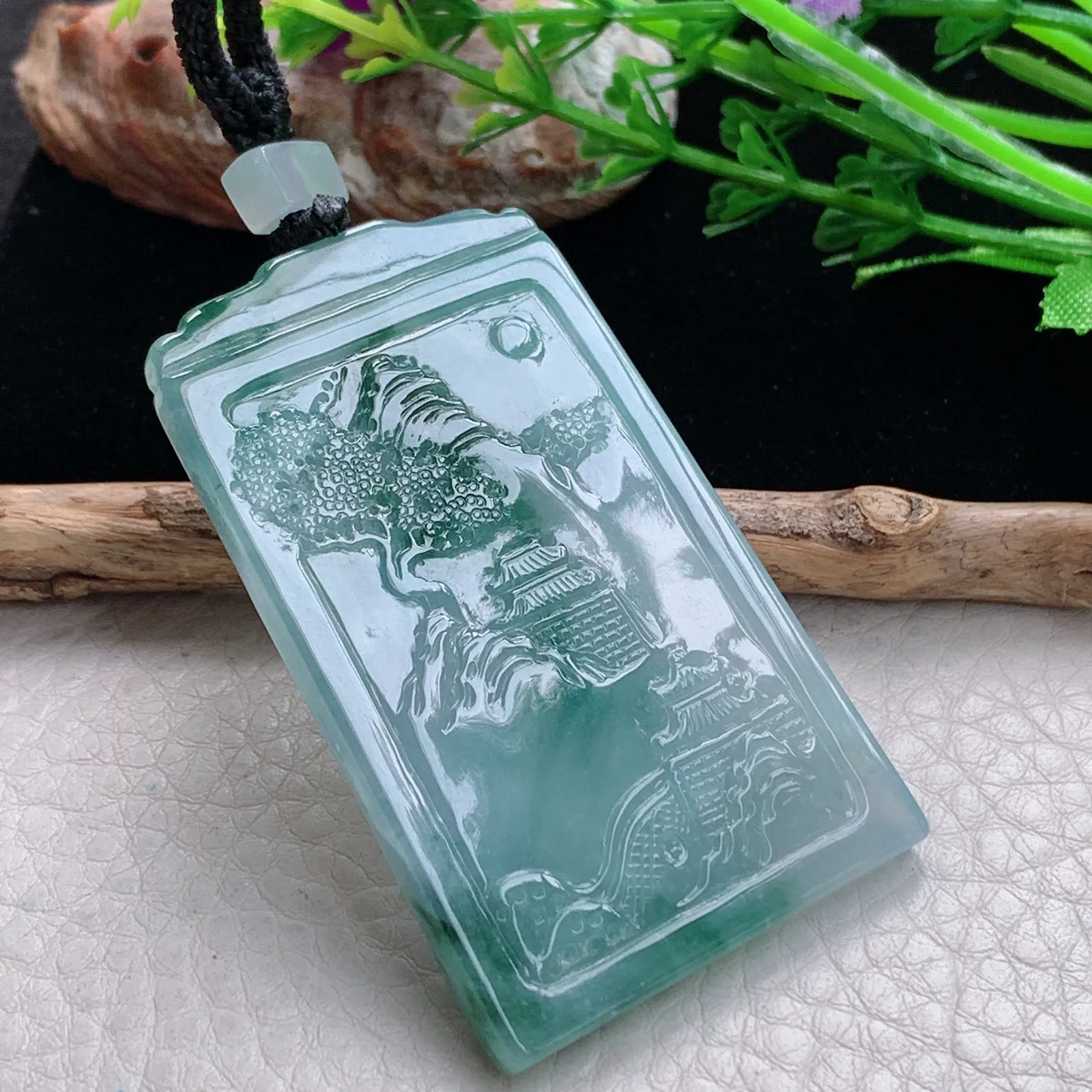 mut自然光58*35.8*5.3天然缅甸翡翠冰飘花山水 大好河山玉吊坠 玉挂件