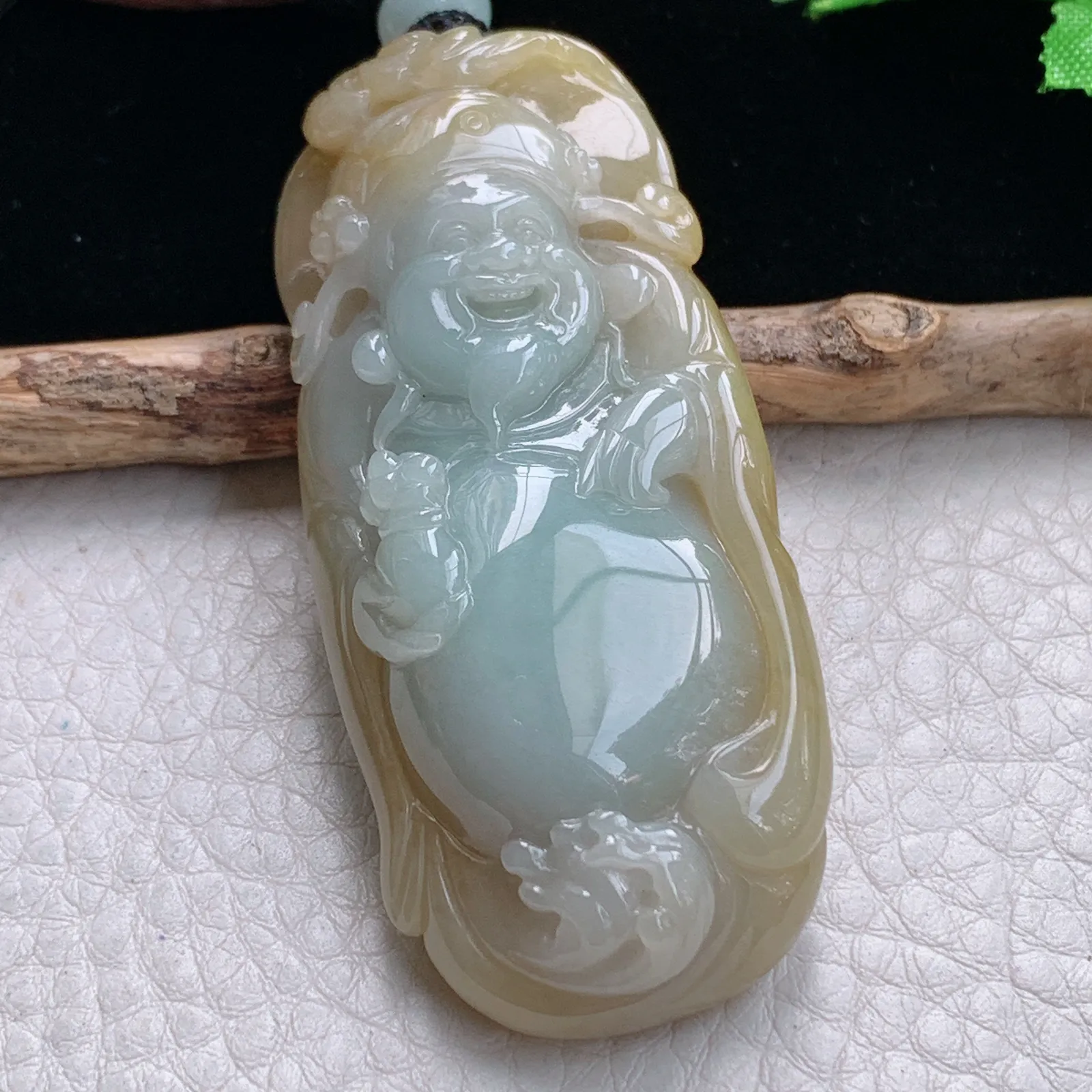 mut自然光65*28.5*13.6天然缅甸翡翠双伞财神爷玉吊坠 玉挂件