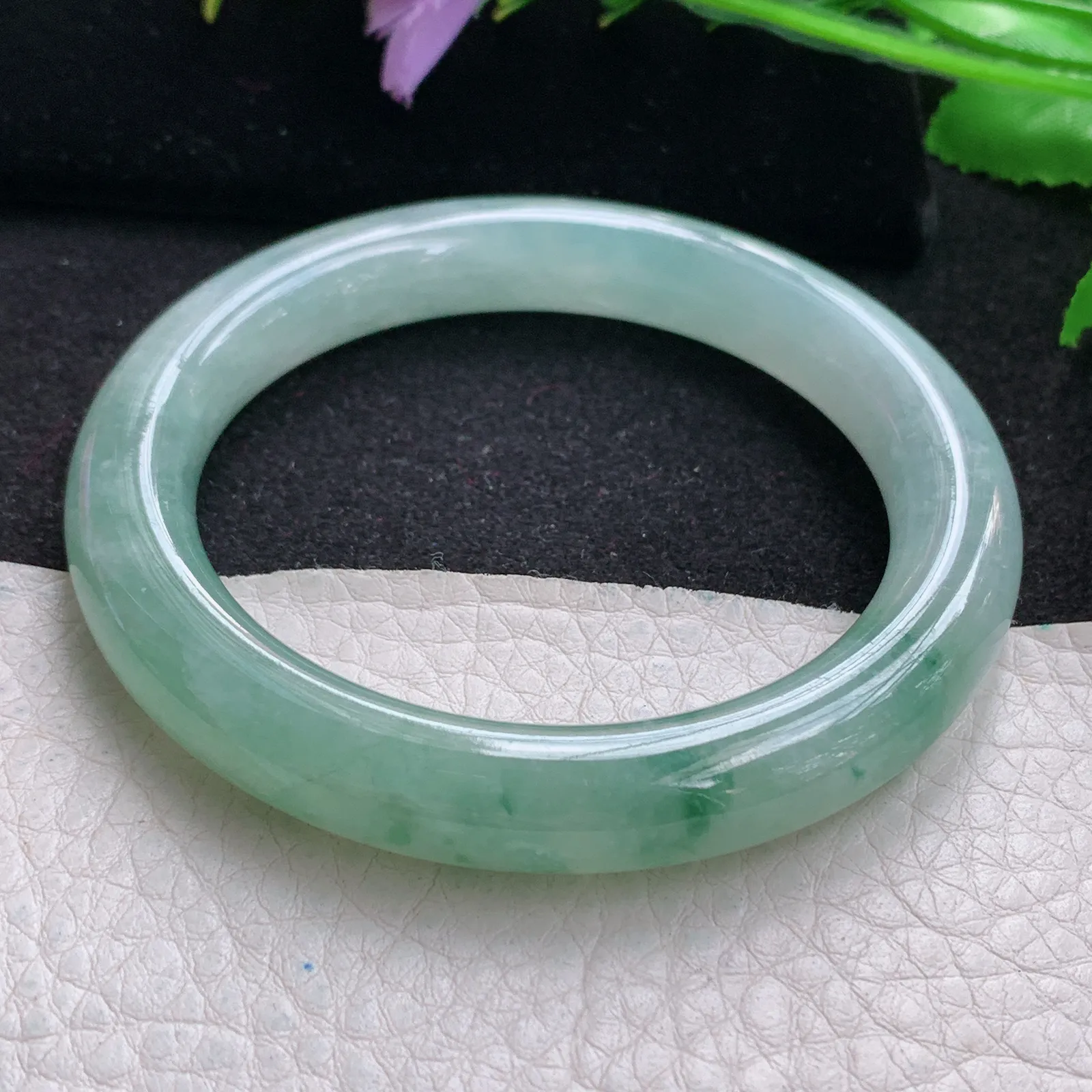 yh自然光54.5*10*9.6叮当镯 缅甸翡翠玉手镯冰飘花清秀圆条玉手环 美人镯