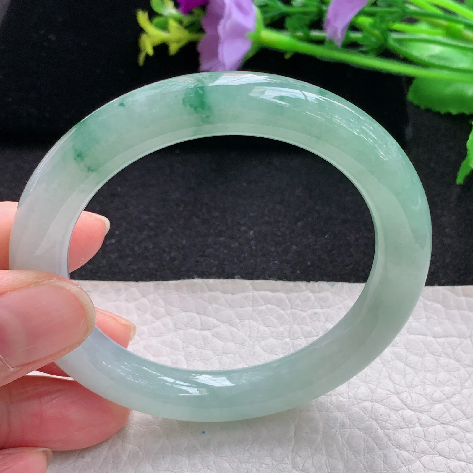 yh自然光54.5*10*9.6叮当镯 缅甸翡翠玉手镯冰飘花清秀圆条玉手环 美人镯