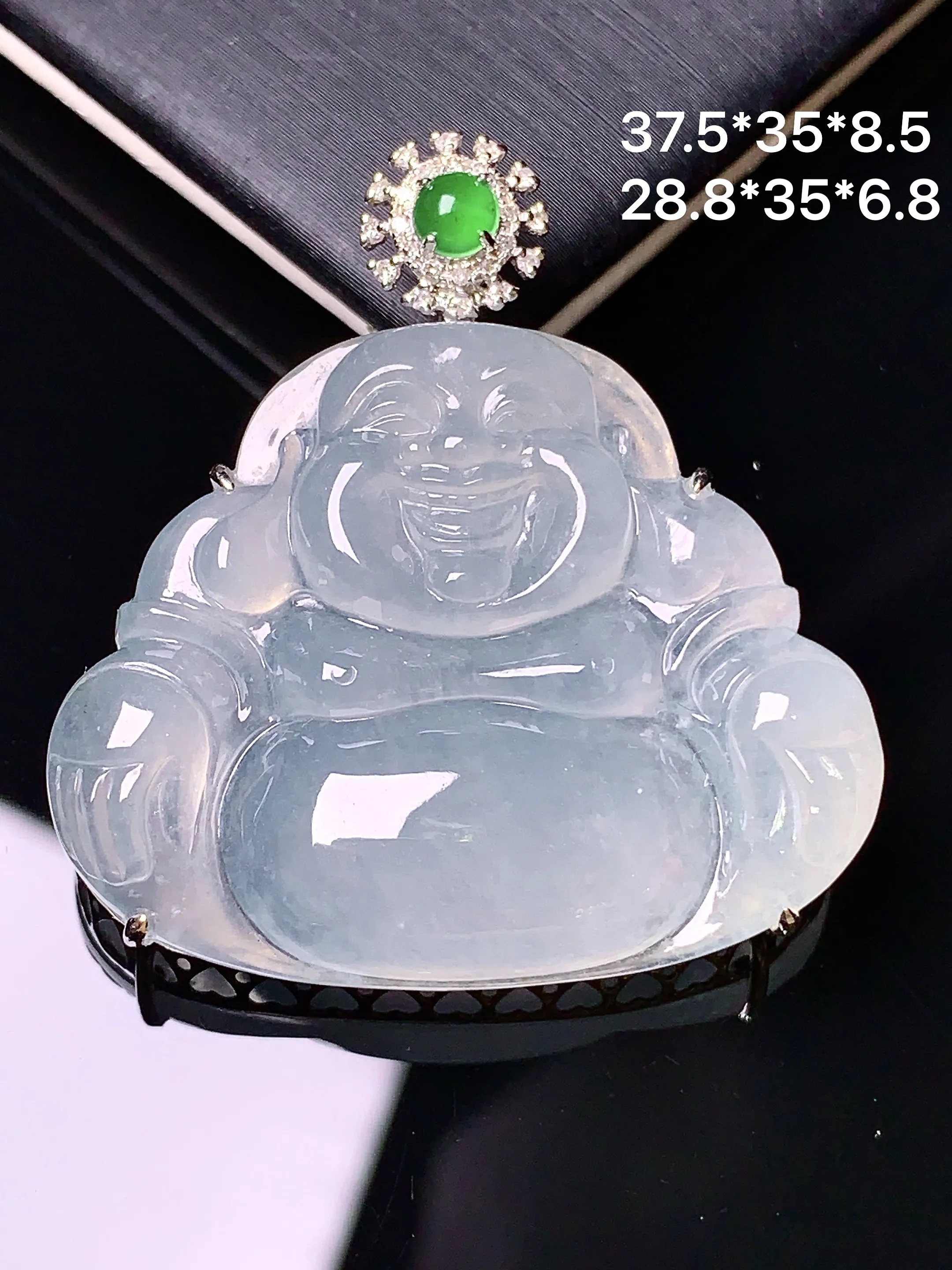 18k金钻镶嵌冰种佛公吊坠 玉质细腻 色泽清新艳丽 整体尺寸28.6*35*8.5