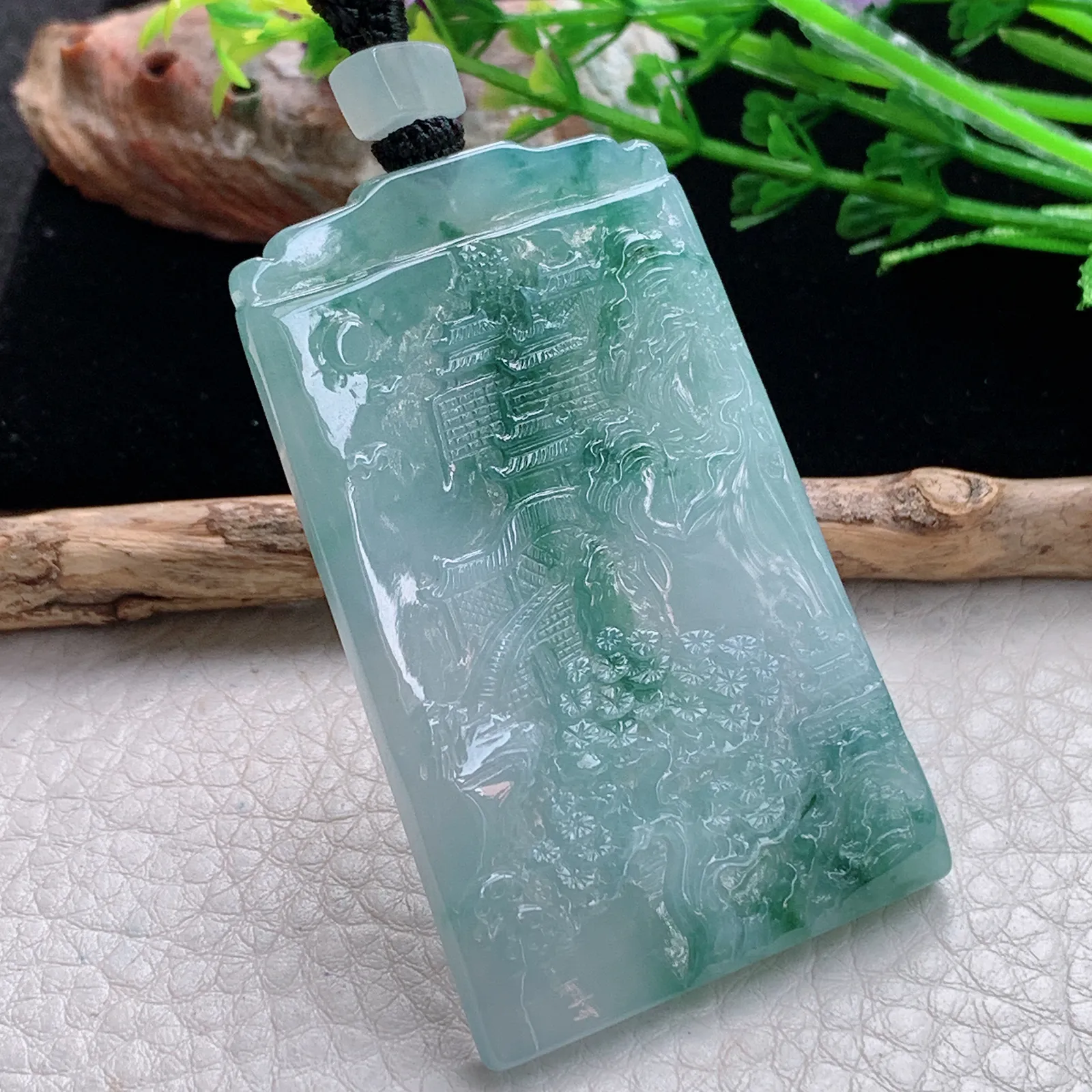 mut自然光58*35.8*5.3天然缅甸翡翠冰飘花山水 大好河山玉吊坠 玉挂件