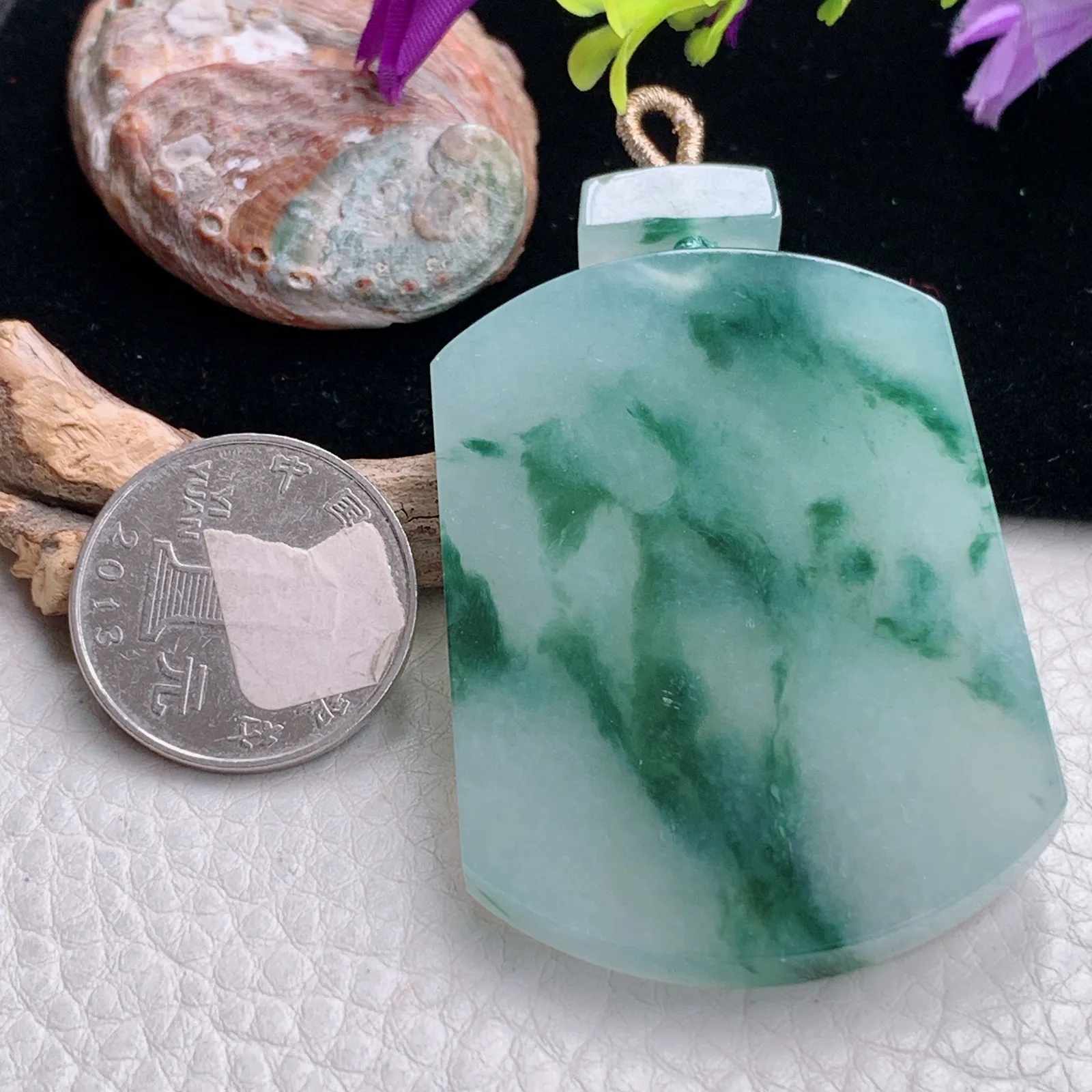 zzx自然光55.5*40*5.8天然缅甸翡翠冰飘花平安无事牌玉吊坠 玉挂件