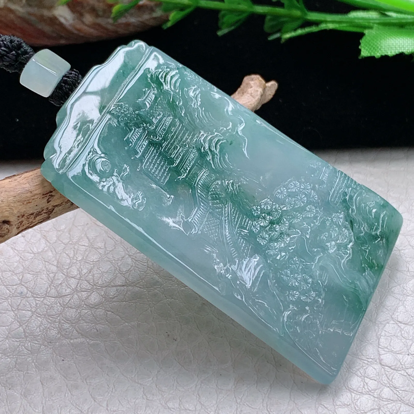 mut自然光58*35.8*5.3天然缅甸翡翠冰飘花山水 大好河山玉吊坠 玉挂件