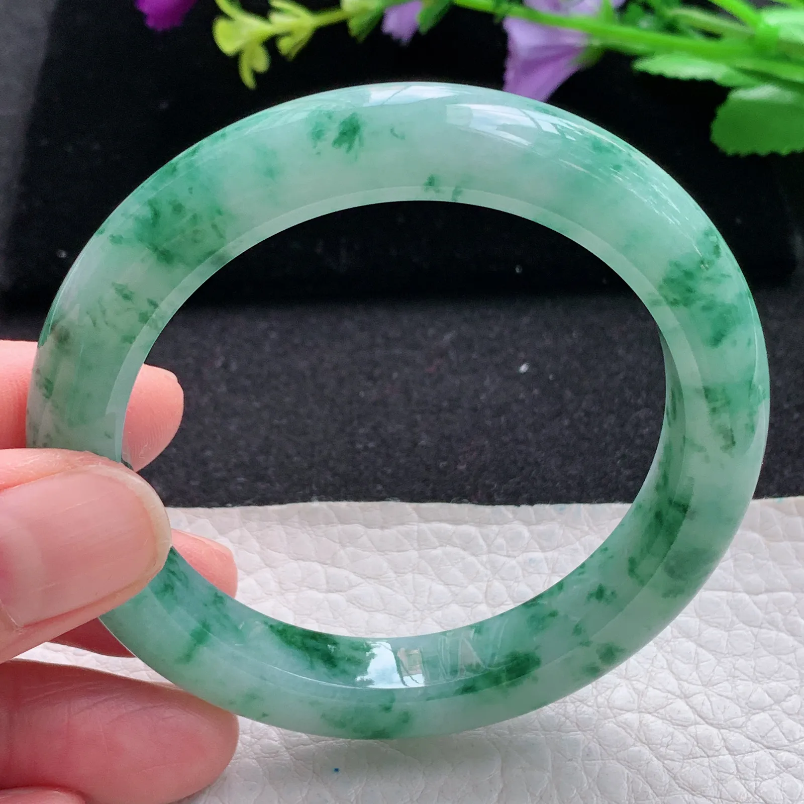 pj自然光54.5*10.2*9.2平安镯 缅甸翡翠a货玉手镯冰飘花水灵宽边玉手环