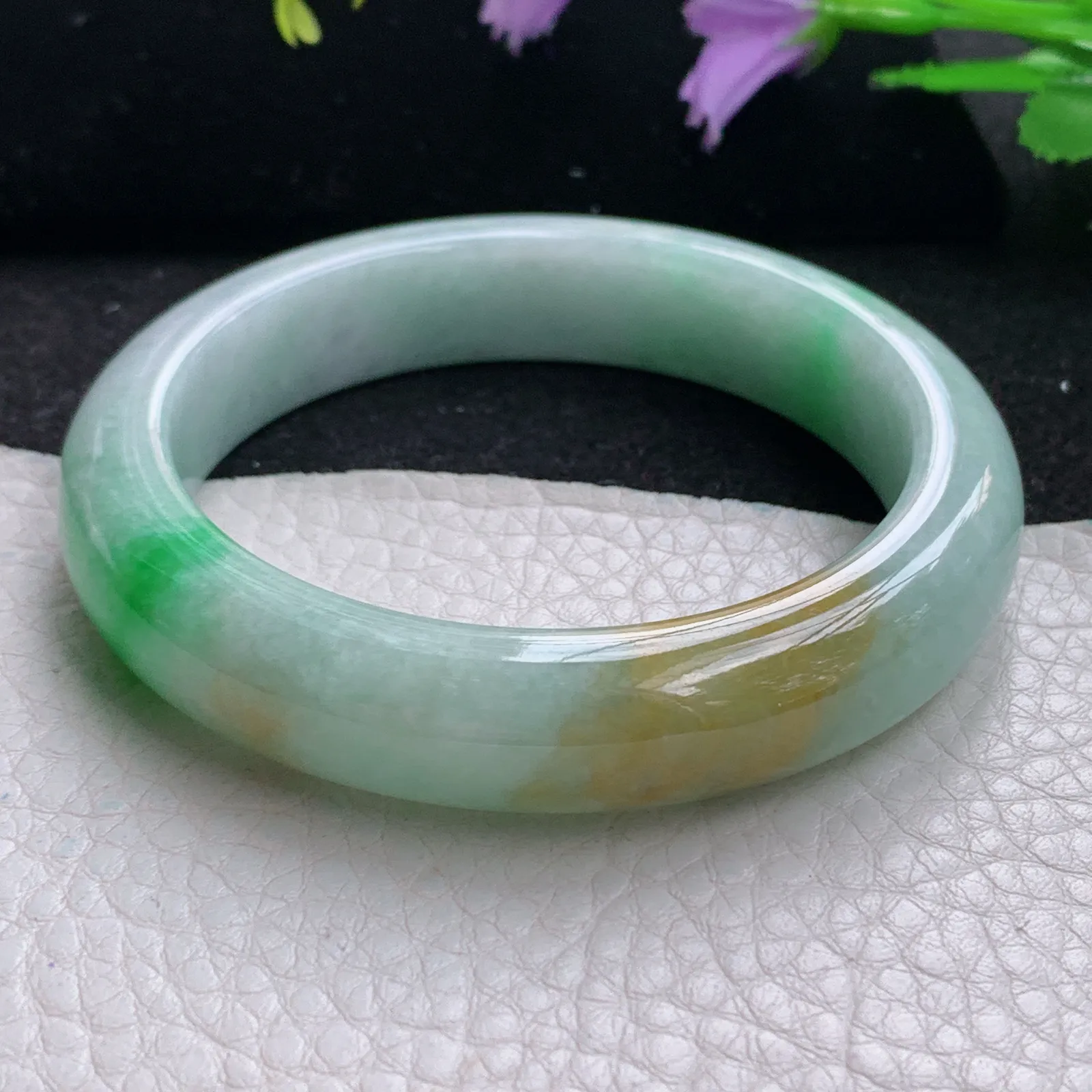 mq自然光56*12.8*8.8平安镯 缅甸翡翠玉手镯水润三彩厚装玉手环