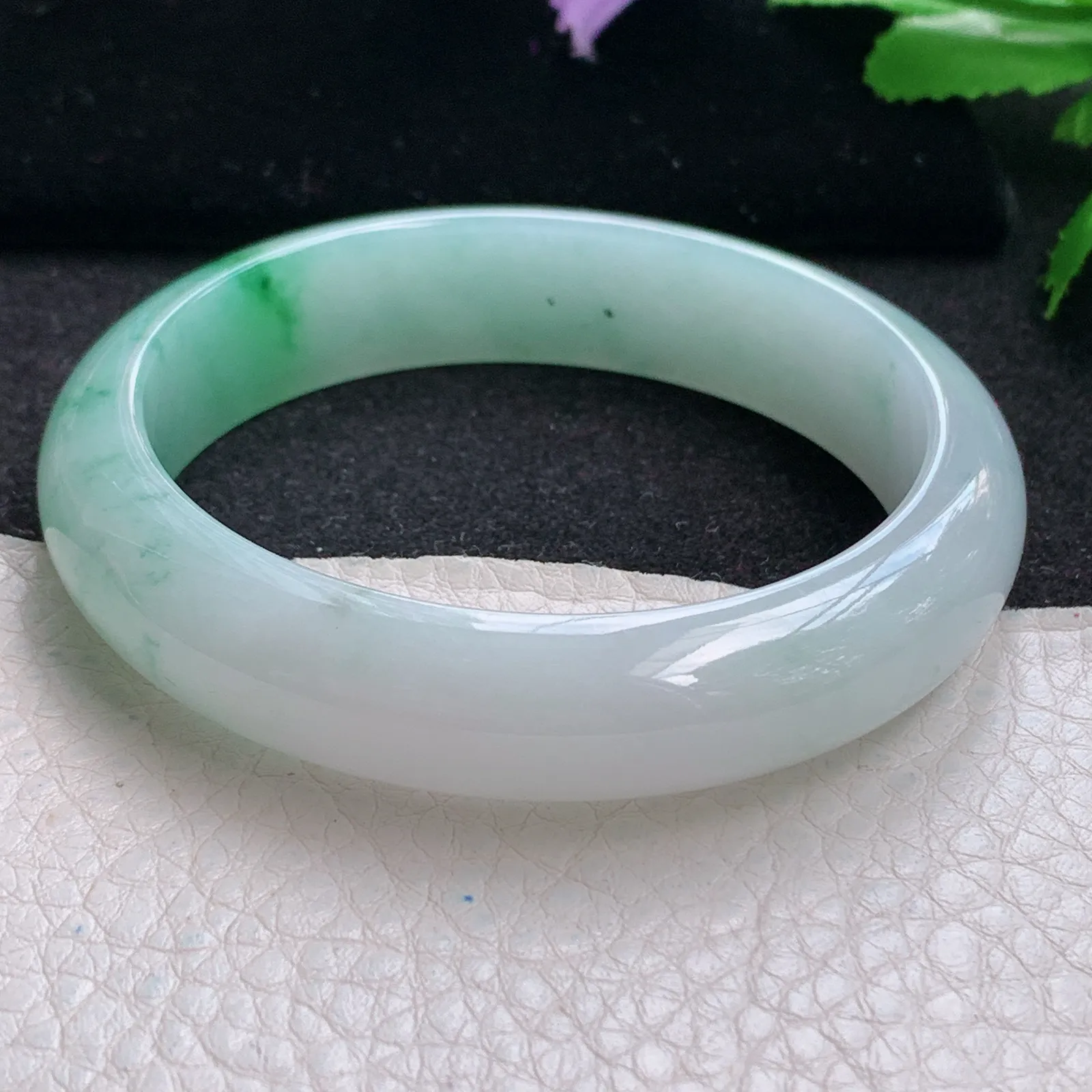 xh自然光56.5*13.5*7.7平安镯 缅甸翡翠a货玉手镯冰飘绿花水灵宽边玉手环