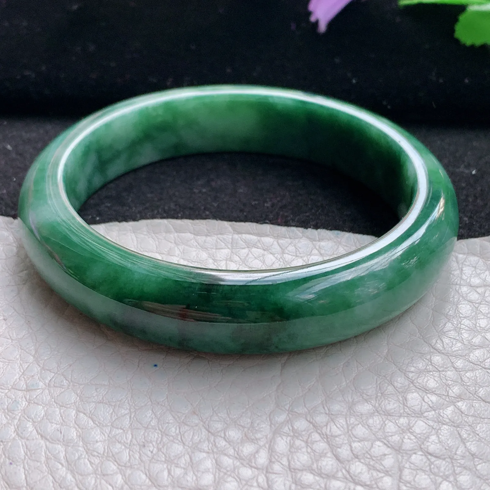 pj自然光57*12.6*7.8平安镯 缅甸翡翠a货玉手镯飘花韵味宽边玉手环