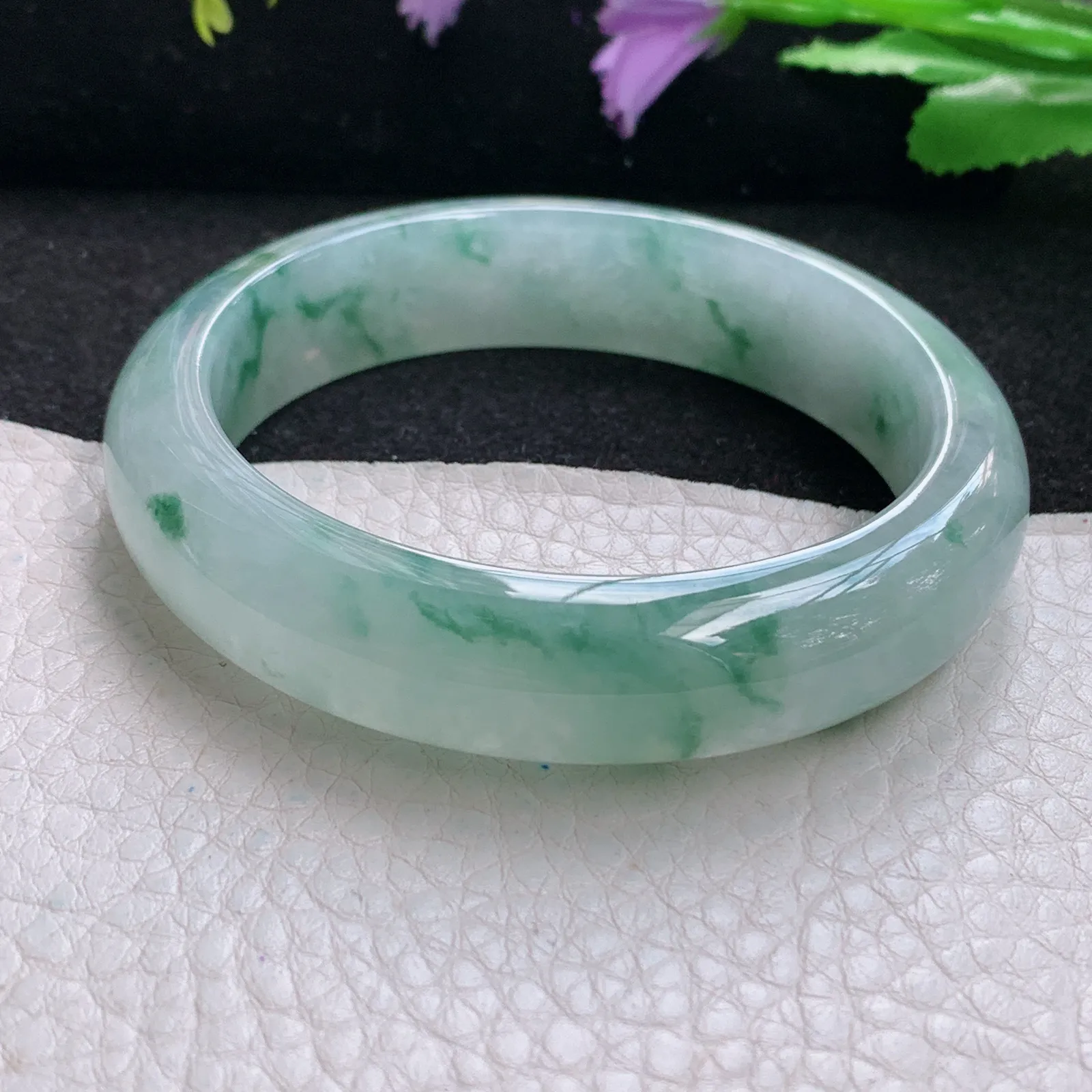 xh自然光55*13.5*8.2平安镯 缅甸翡翠a货玉手镯冰胶水灵飘花宽边玉手环