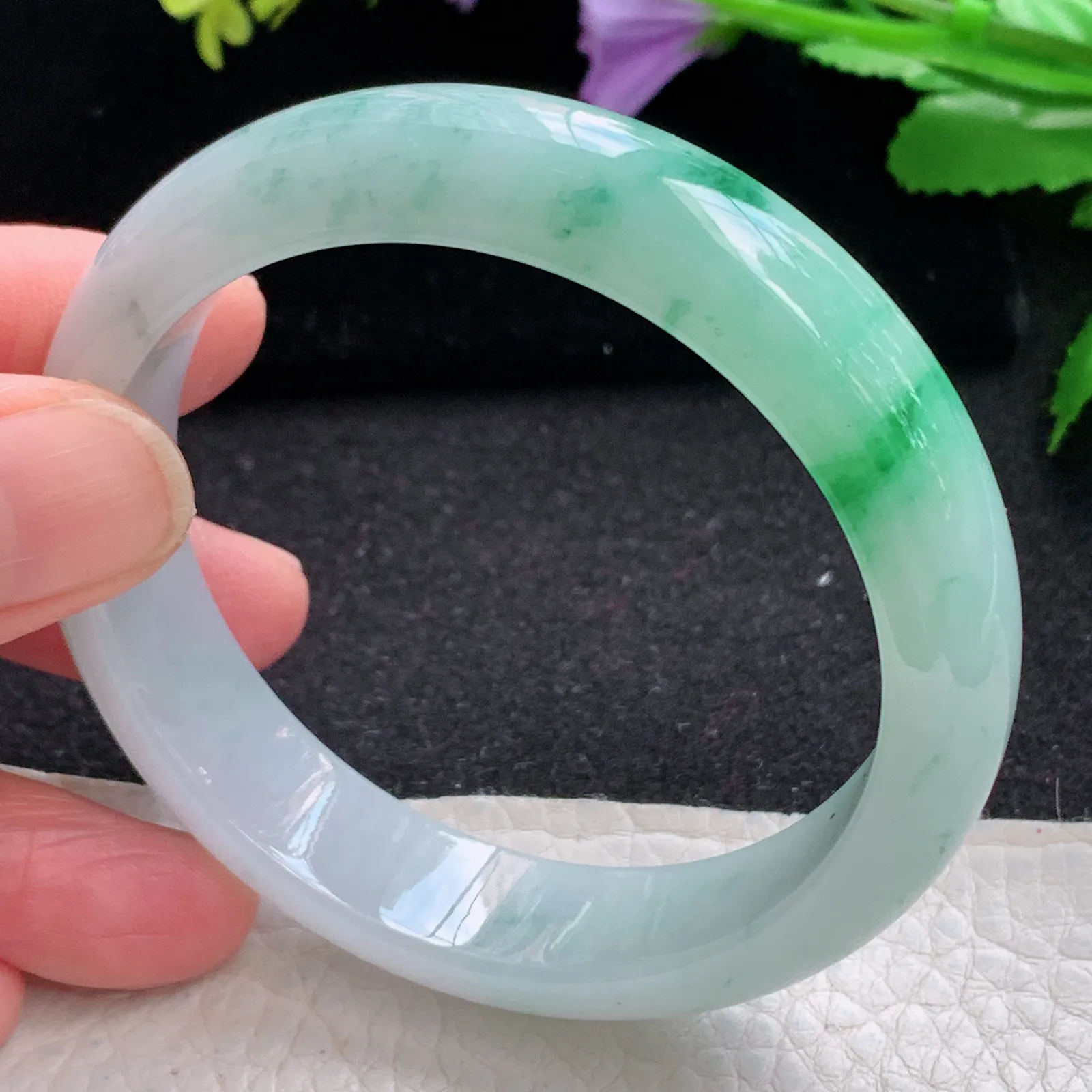 xh自然光56.5*13.5*7.7平安镯 缅甸翡翠a货玉手镯冰飘绿花水灵宽边玉手环