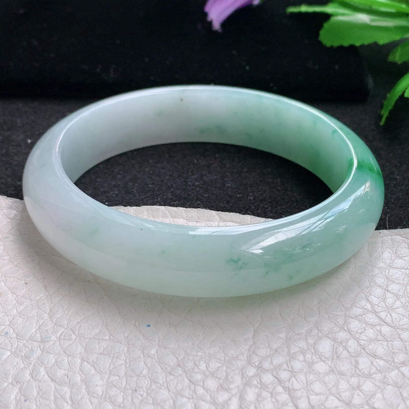 xh自然光56.5*13.5*7.7平安镯 缅甸翡翠a货玉手镯冰飘绿花水灵宽边玉手环