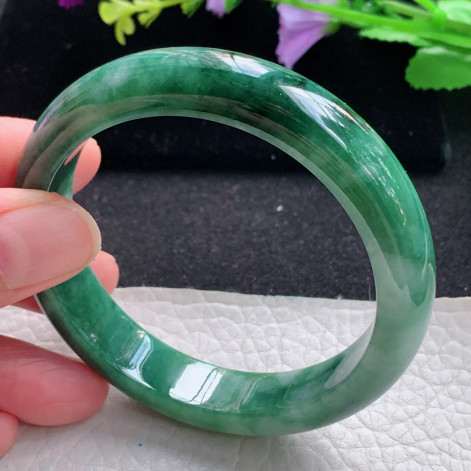 pj自然光57*12.6*7.8平安镯 缅甸翡翠a货玉手镯飘花韵味宽边玉手环