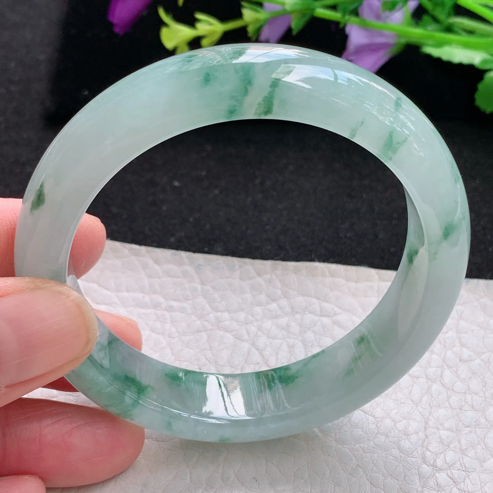 xh自然光55*13.5*8.2平安镯 缅甸翡翠a货玉手镯冰胶水灵飘花宽边玉手环