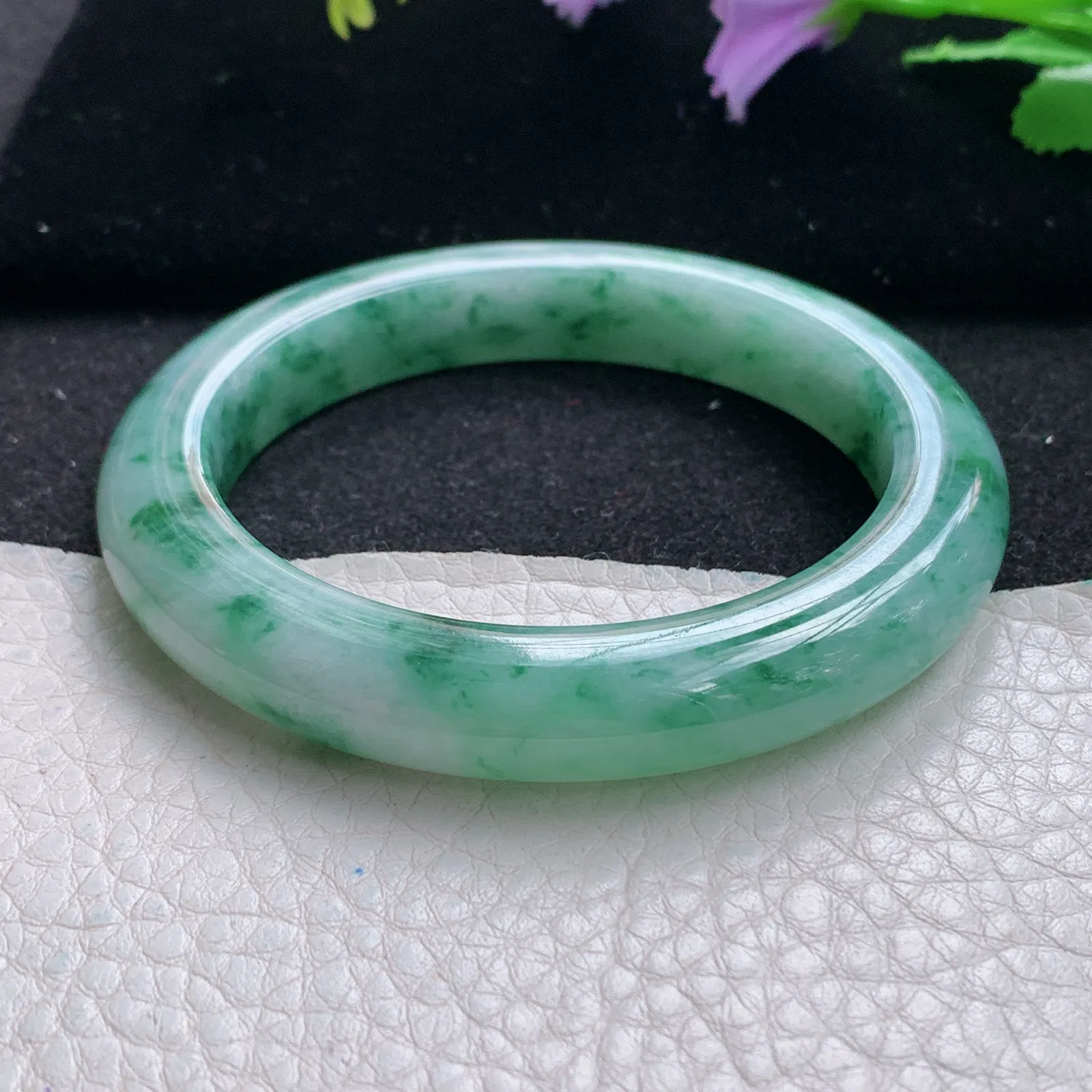 pj自然光54.5*10.2*9.2平安镯 缅甸翡翠a货玉手镯冰飘花水灵宽边玉手环