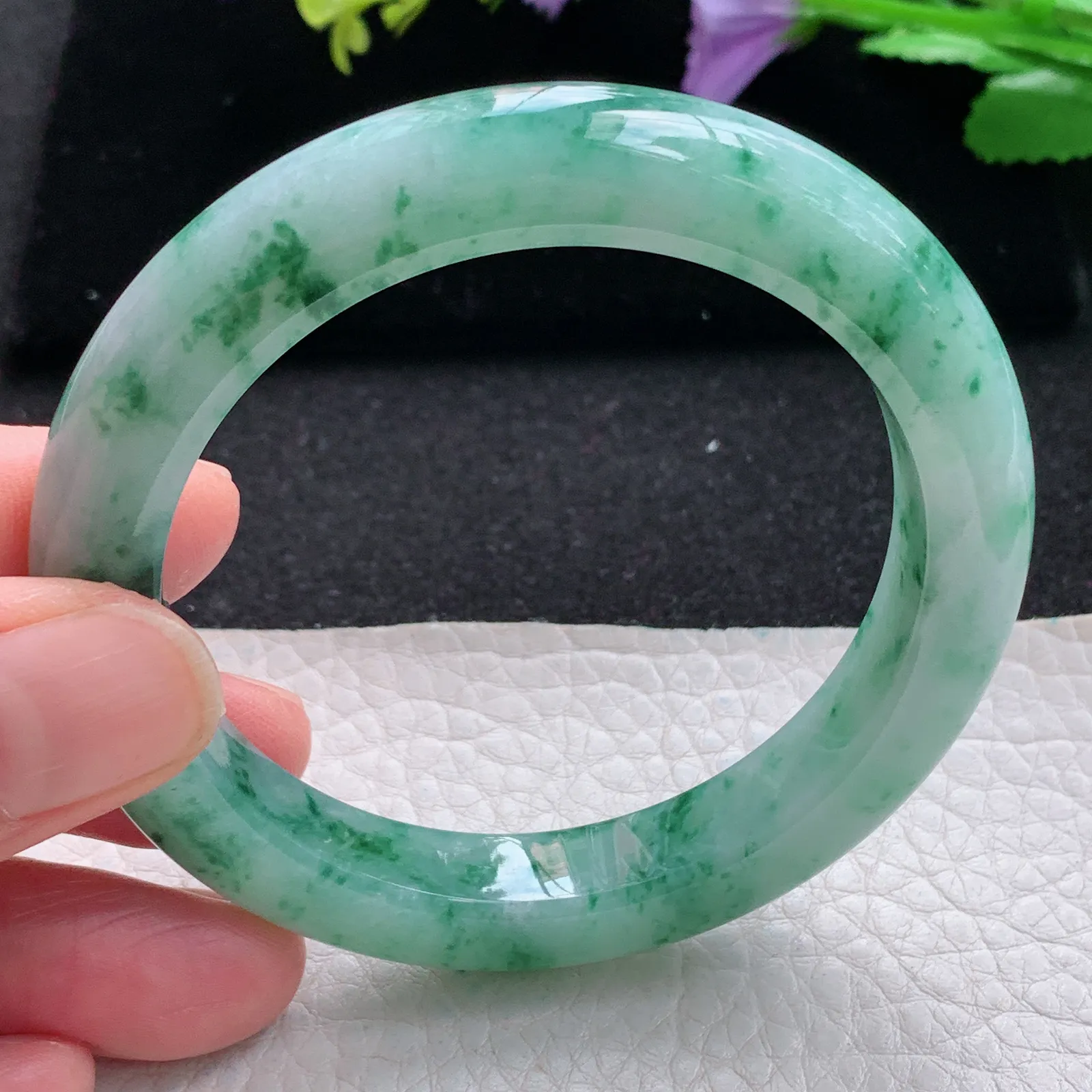 pj自然光54.5*10.2*9.2平安镯 缅甸翡翠a货玉手镯冰飘花水灵宽边玉手环
