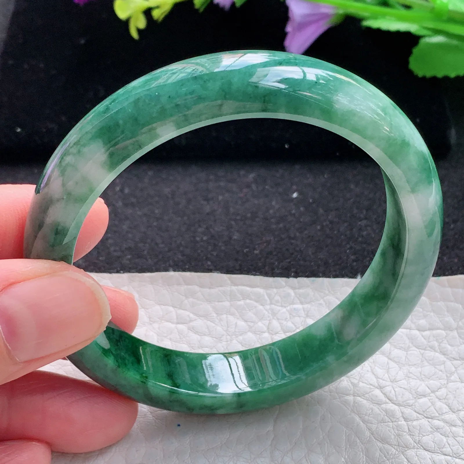pj自然光57*12.6*7.8平安镯 缅甸翡翠a货玉手镯飘花韵味宽边玉手环