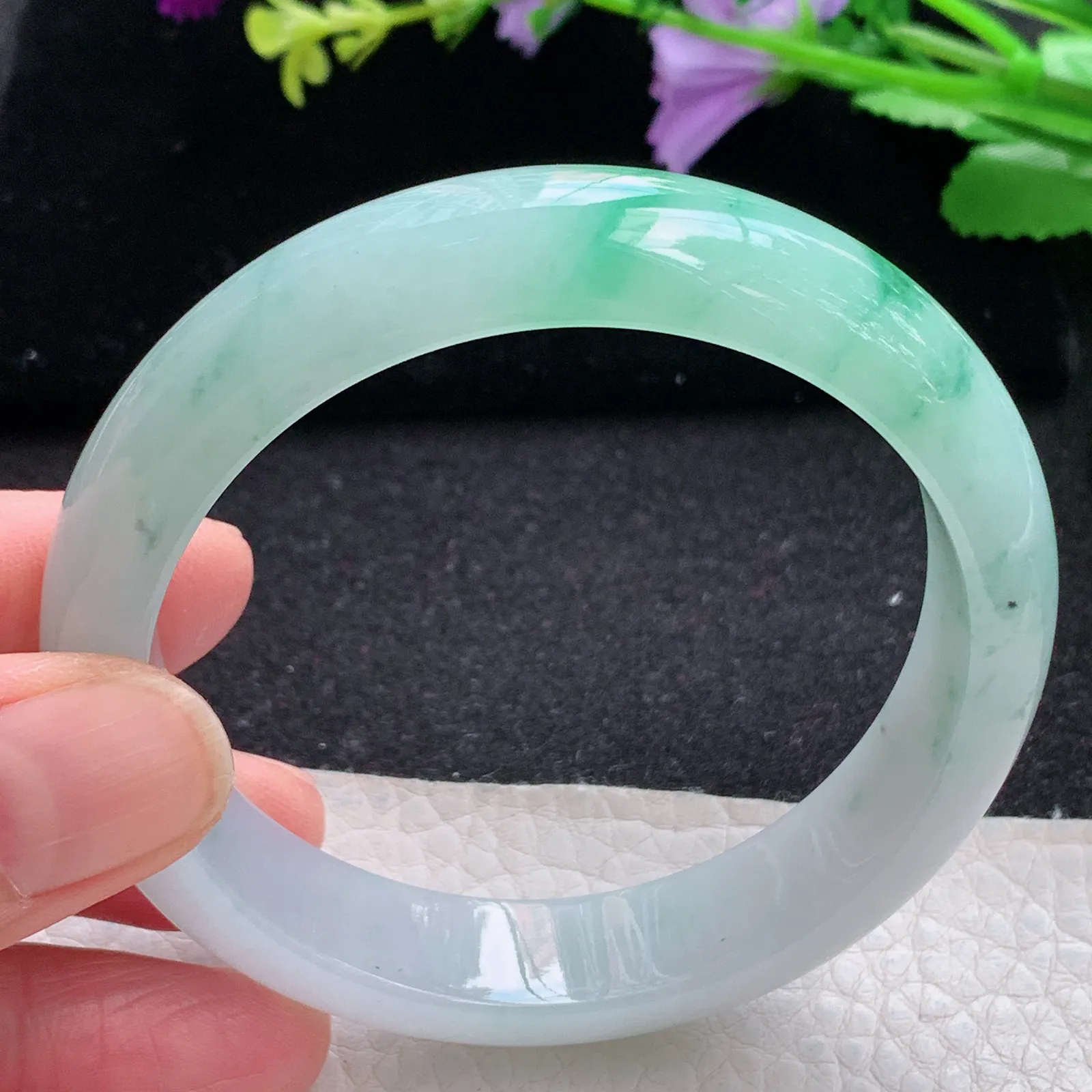 xh自然光56.5*13.5*7.7平安镯 缅甸翡翠a货玉手镯冰飘绿花水灵宽边玉手环