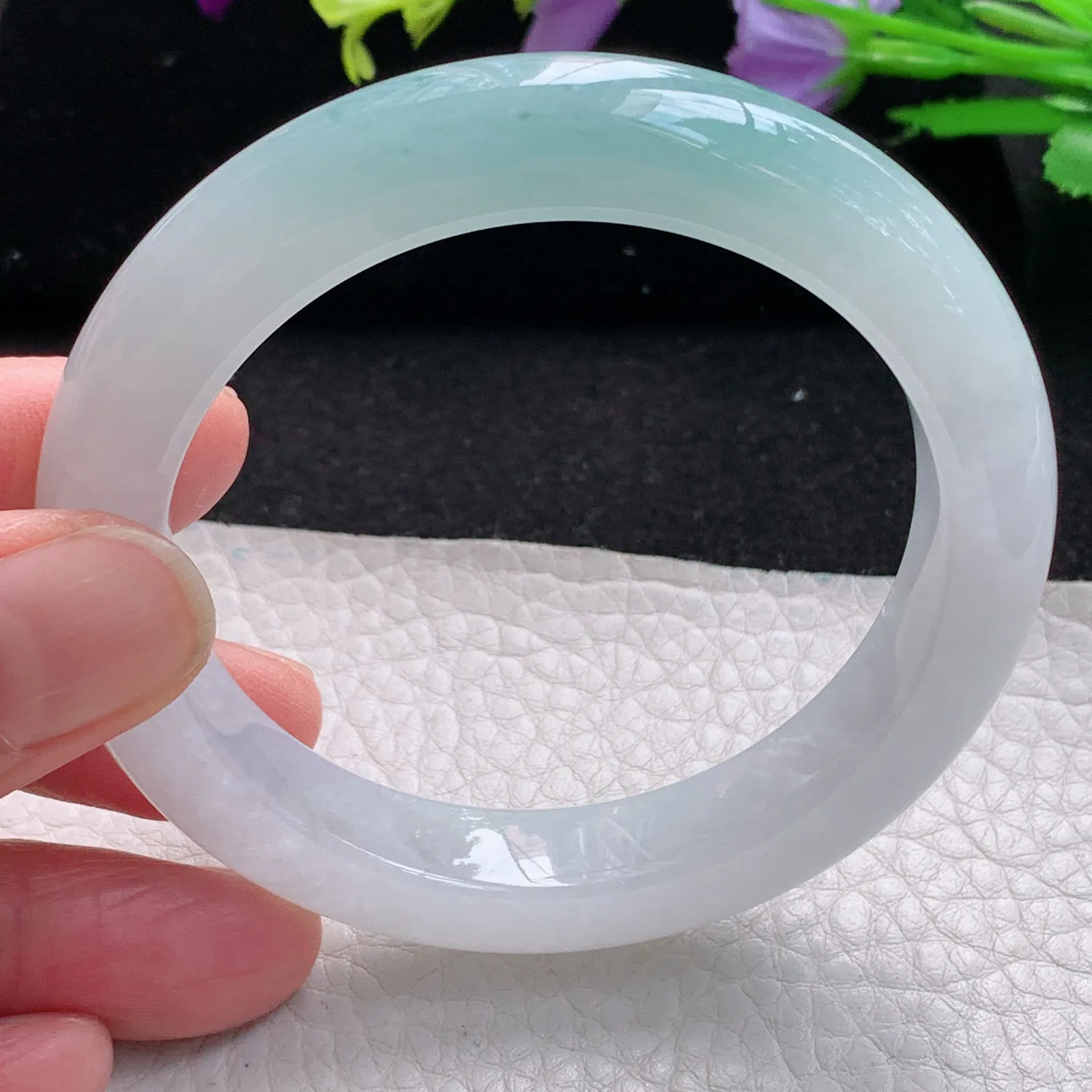 r自然光54.5*11.3*9平安镯 缅甸翡翠玉手镯冰胶蓝韵高档宽边玉手环 美人镯