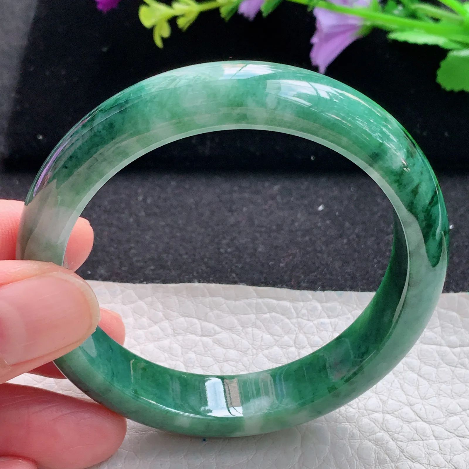 pj自然光57*12.6*7.8平安镯 缅甸翡翠a货玉手镯飘花韵味宽边玉手环