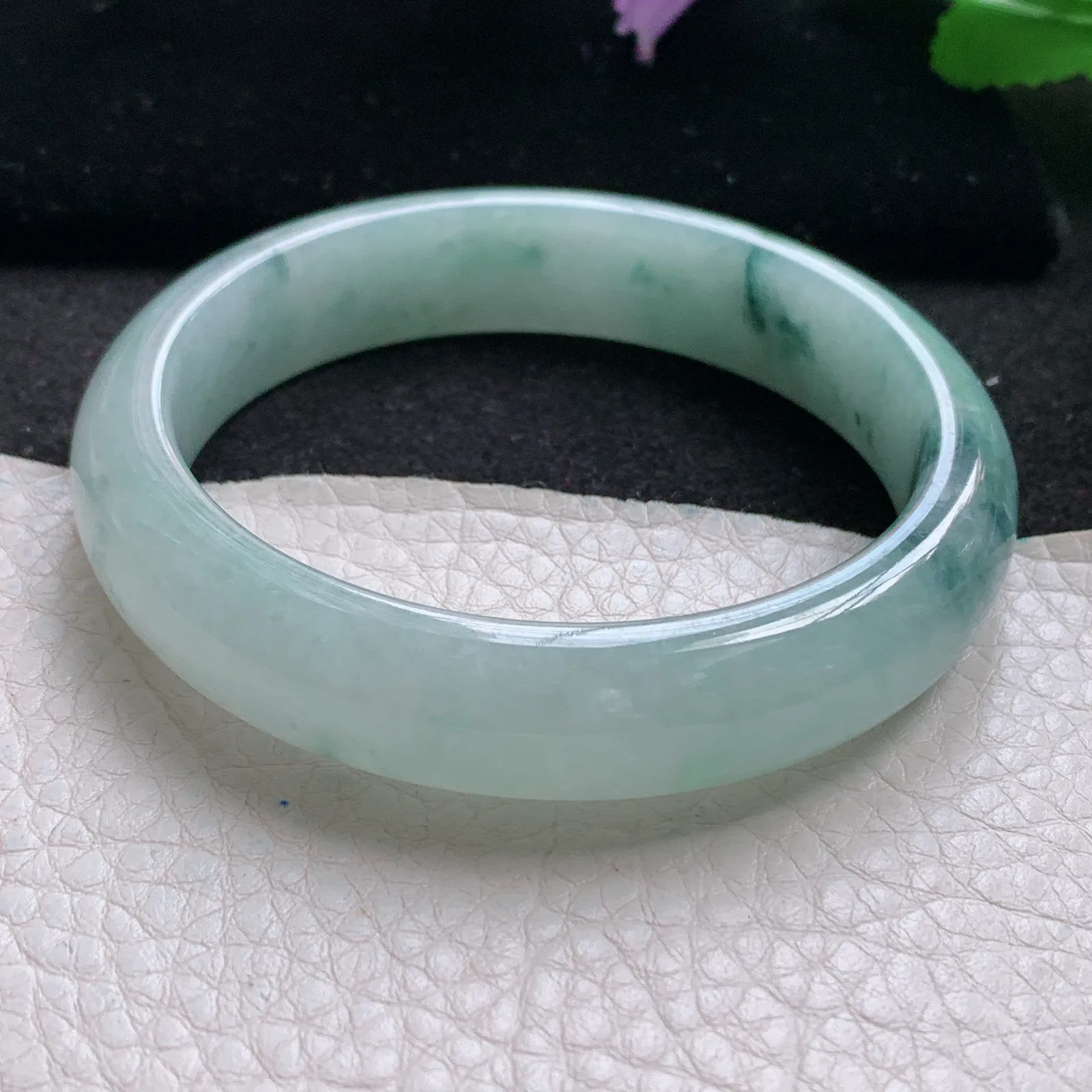 xx自然光56*13*7.7平安镯 缅甸翡翠a货玉手镯冰飘花厚装宽边玉手环