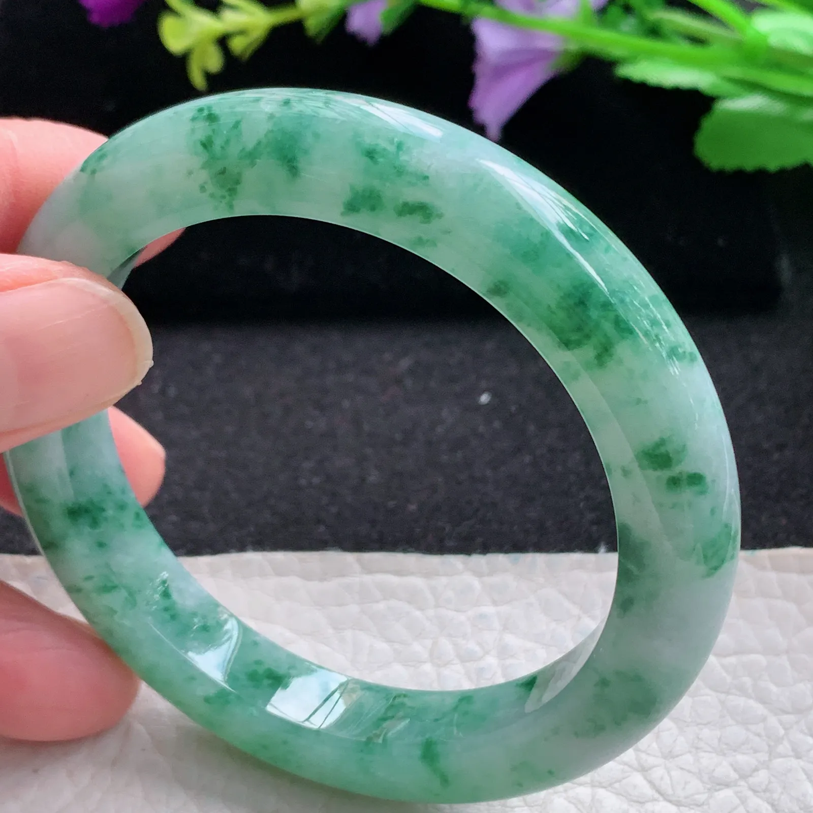 pj自然光54.5*10.2*9.2平安镯 缅甸翡翠a货玉手镯冰飘花水灵宽边玉手环