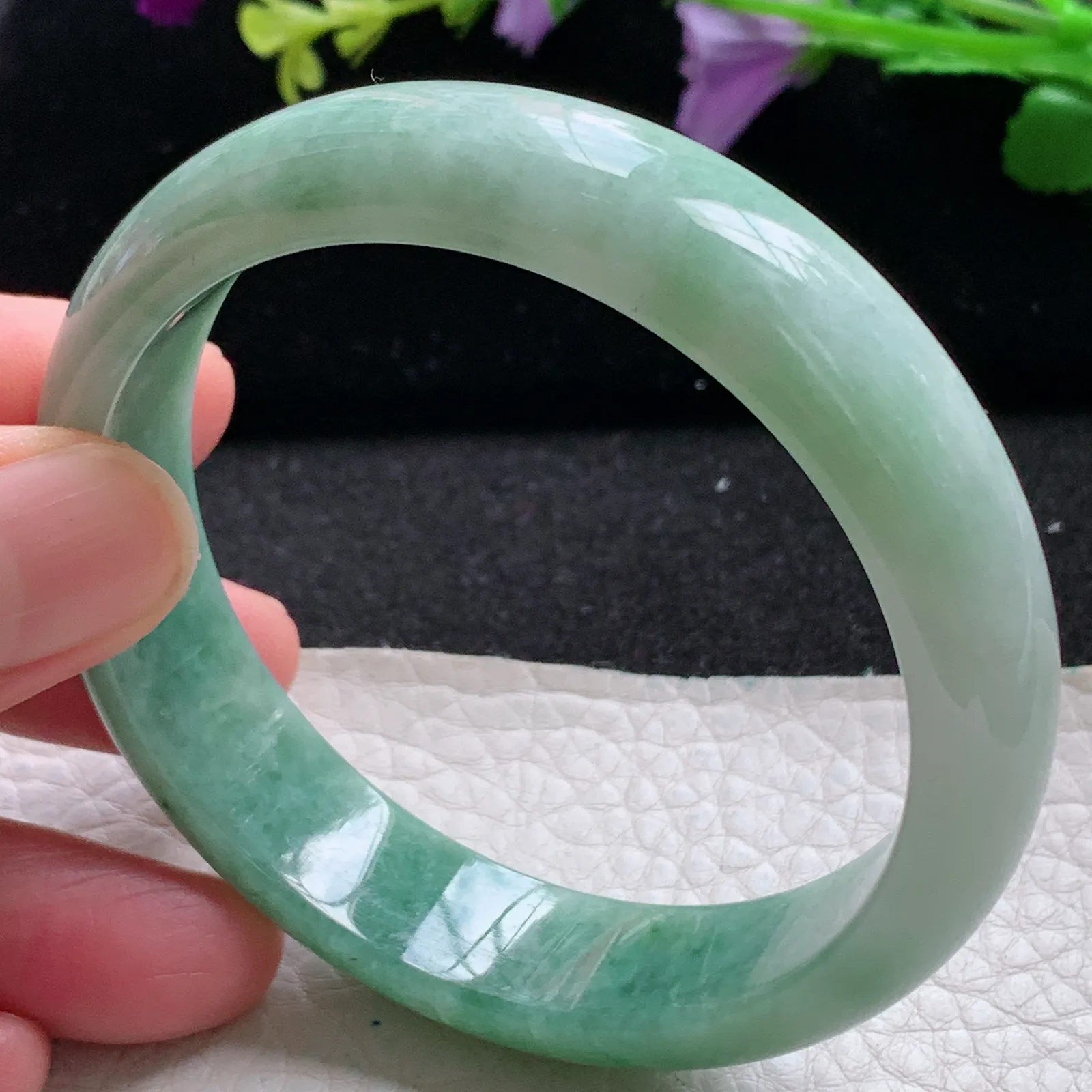 xx自然光57.5*14*7.2平安镯 缅甸翡翠a货玉手镯飘绿宽边玉手环