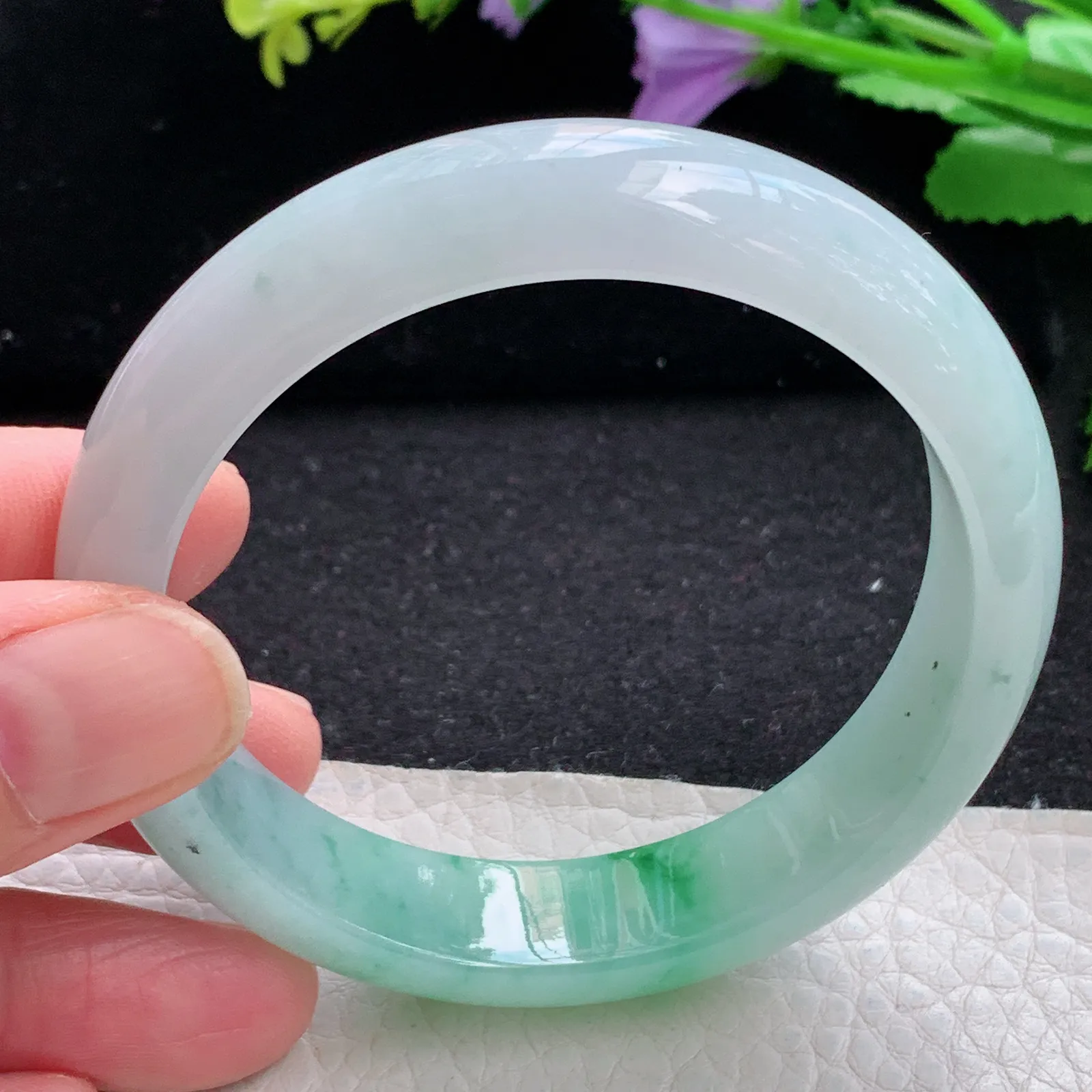 xh自然光56.5*13.5*7.7平安镯 缅甸翡翠a货玉手镯冰飘绿花水灵宽边玉手环