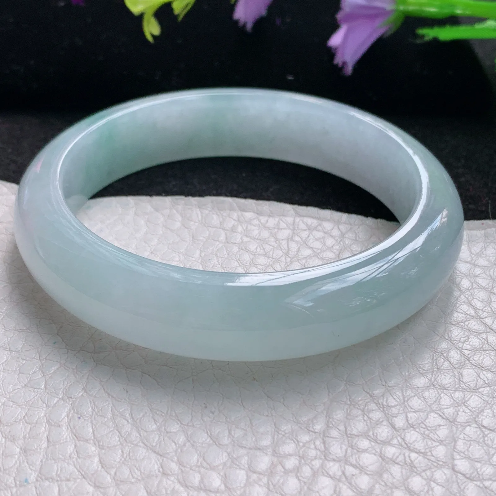 r自然光56.5*13*8.3平安镯 缅甸翡翠玉手镯冰胶蓝韵高档宽边玉手环 美人镯