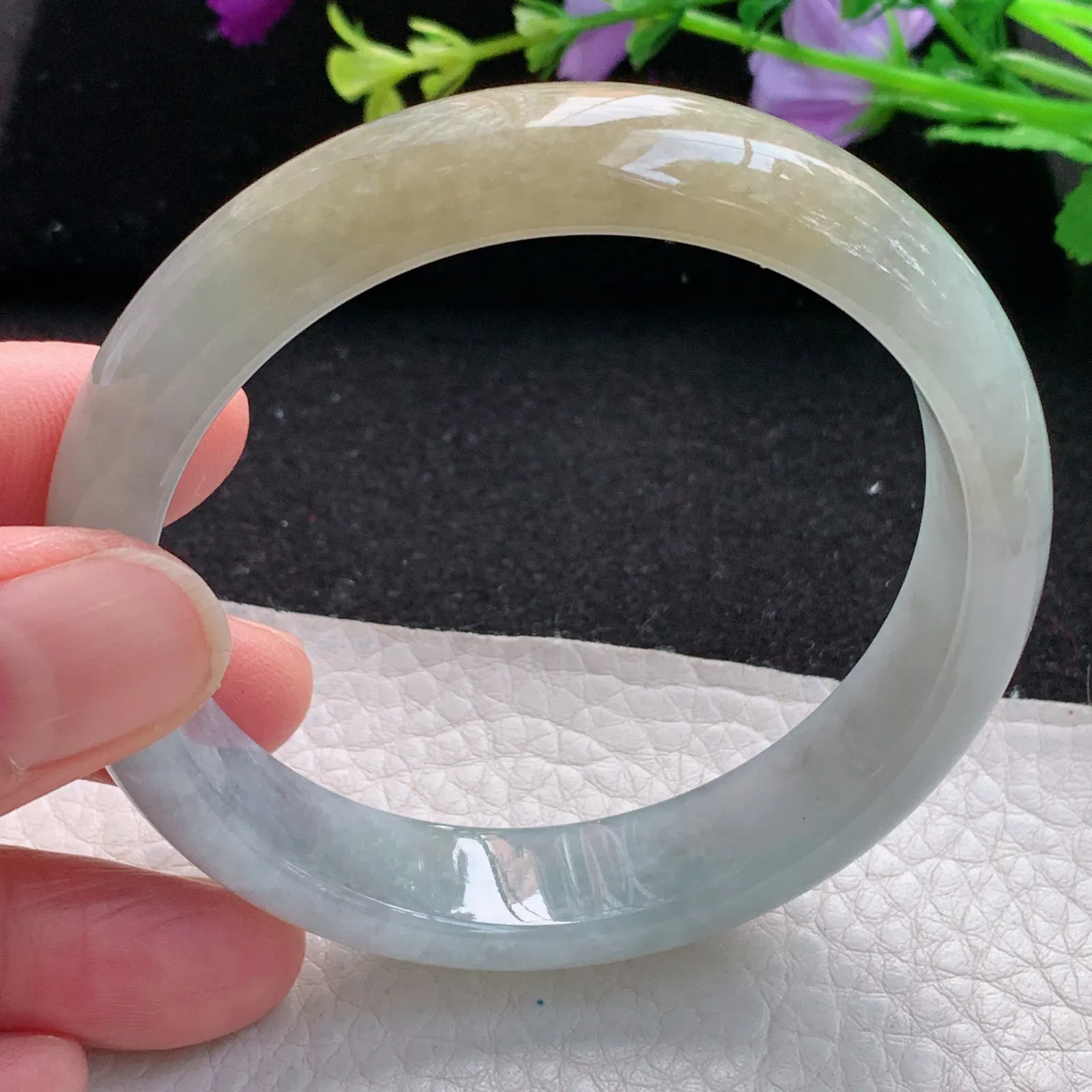 js自然光58*13.5*7.6平安镯 缅甸翡翠玉手镯冰双彩清爽宽边玉手环