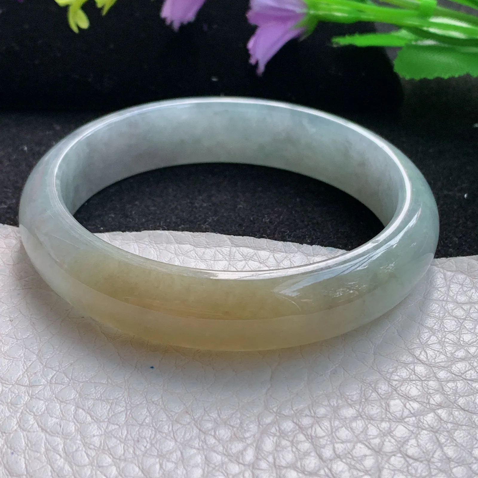 js自然光58*13.5*7.6平安镯 缅甸翡翠玉手镯冰双彩清爽宽边玉手环