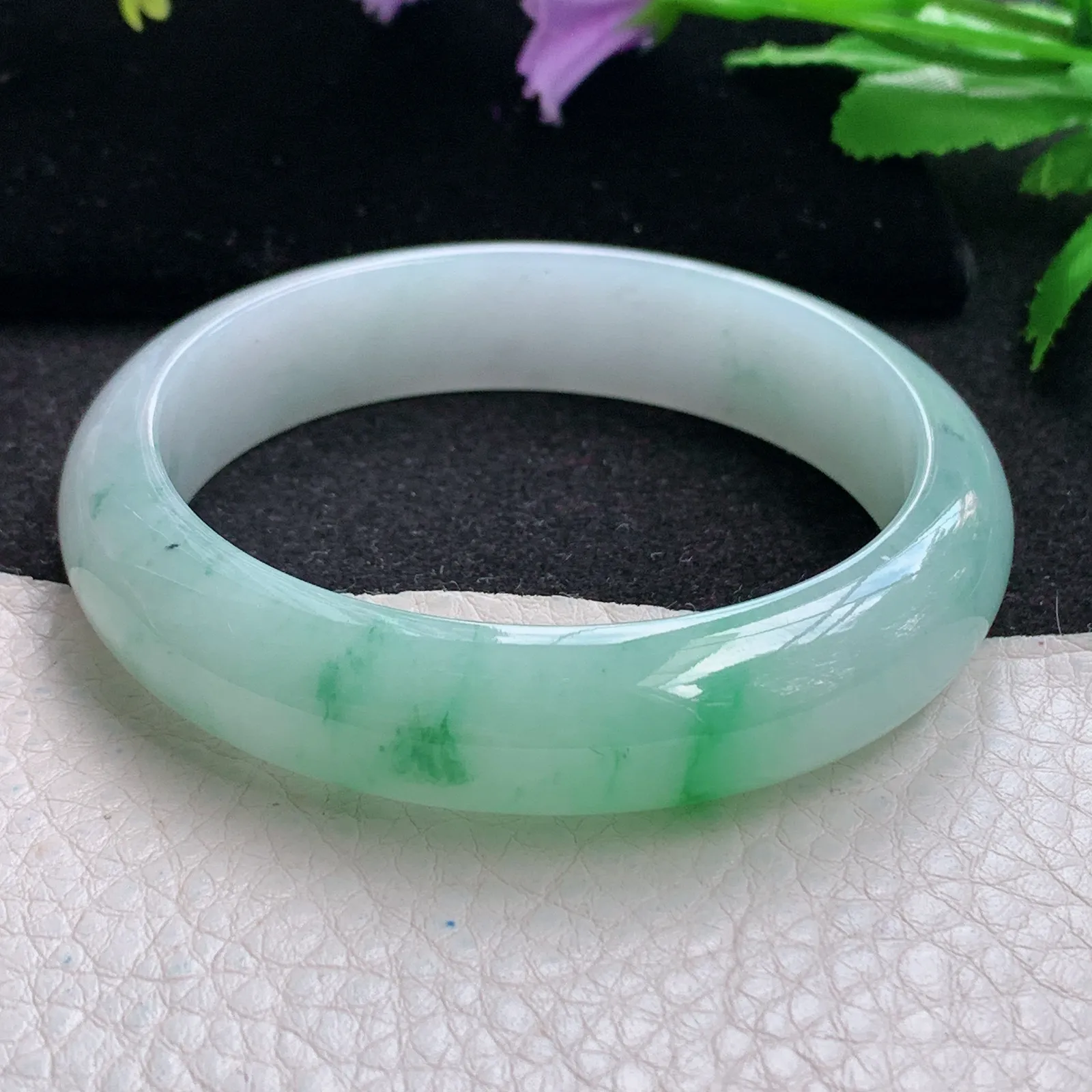 xh自然光56.5*13.5*7.7平安镯 缅甸翡翠a货玉手镯冰飘绿花水灵宽边玉手环