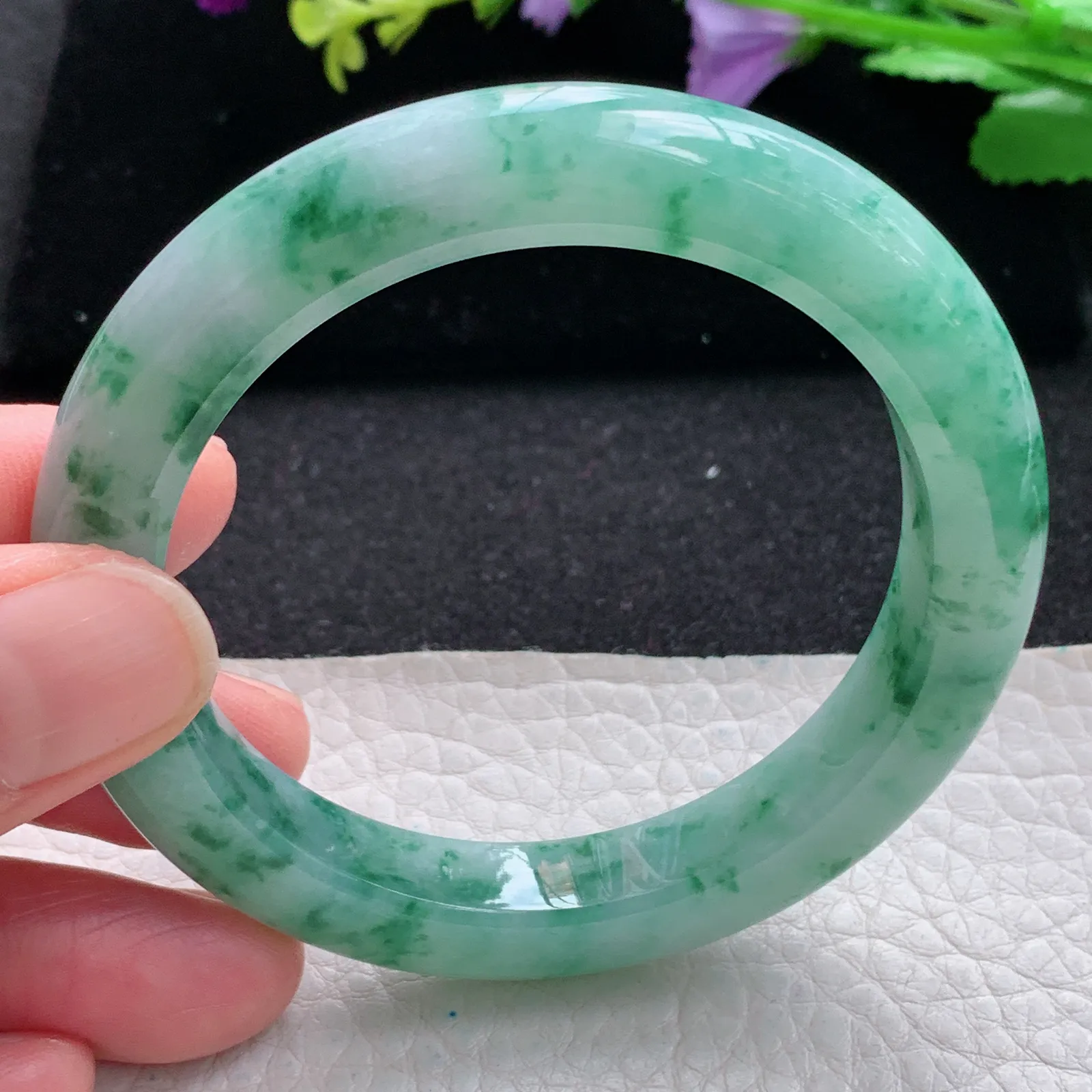 pj自然光54.5*10.2*9.2平安镯 缅甸翡翠a货玉手镯冰飘花水灵宽边玉手环