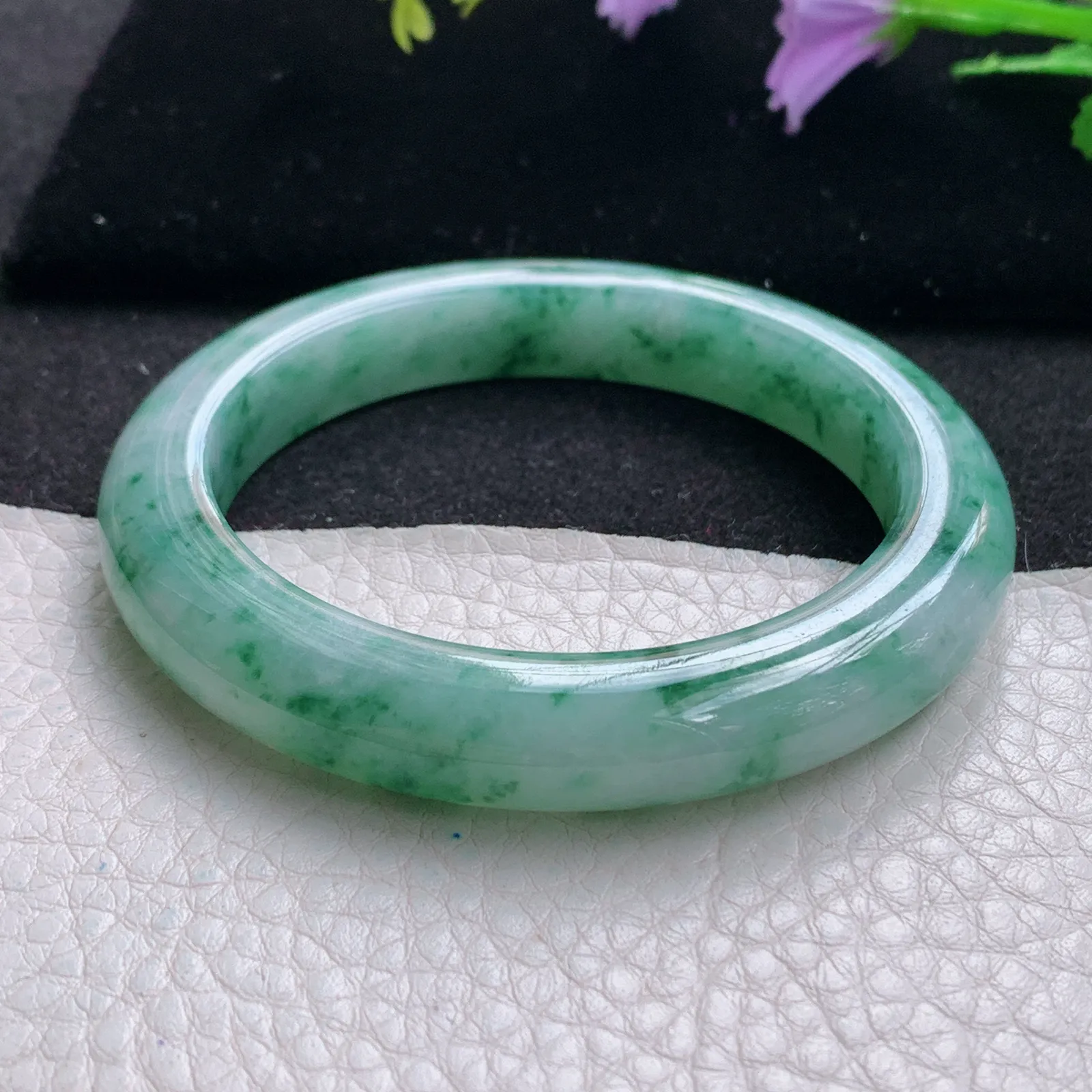 pj自然光54.5*10.2*9.2平安镯 缅甸翡翠a货玉手镯冰飘花水灵宽边玉手环
